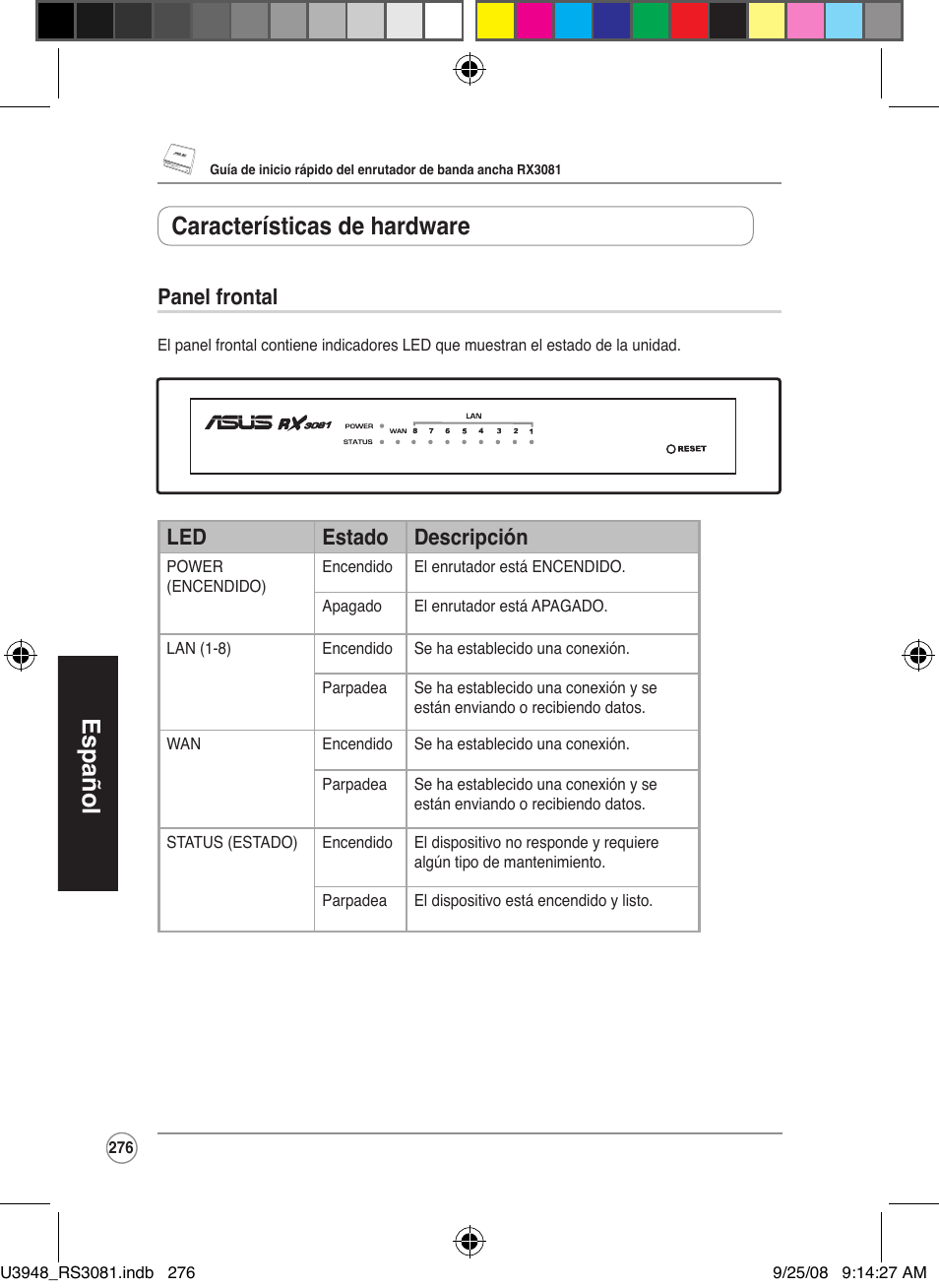 Español, Características de hardware, Panel frontal | Led estado descripción | Asus RX3081 User Manual | Page 276 / 301