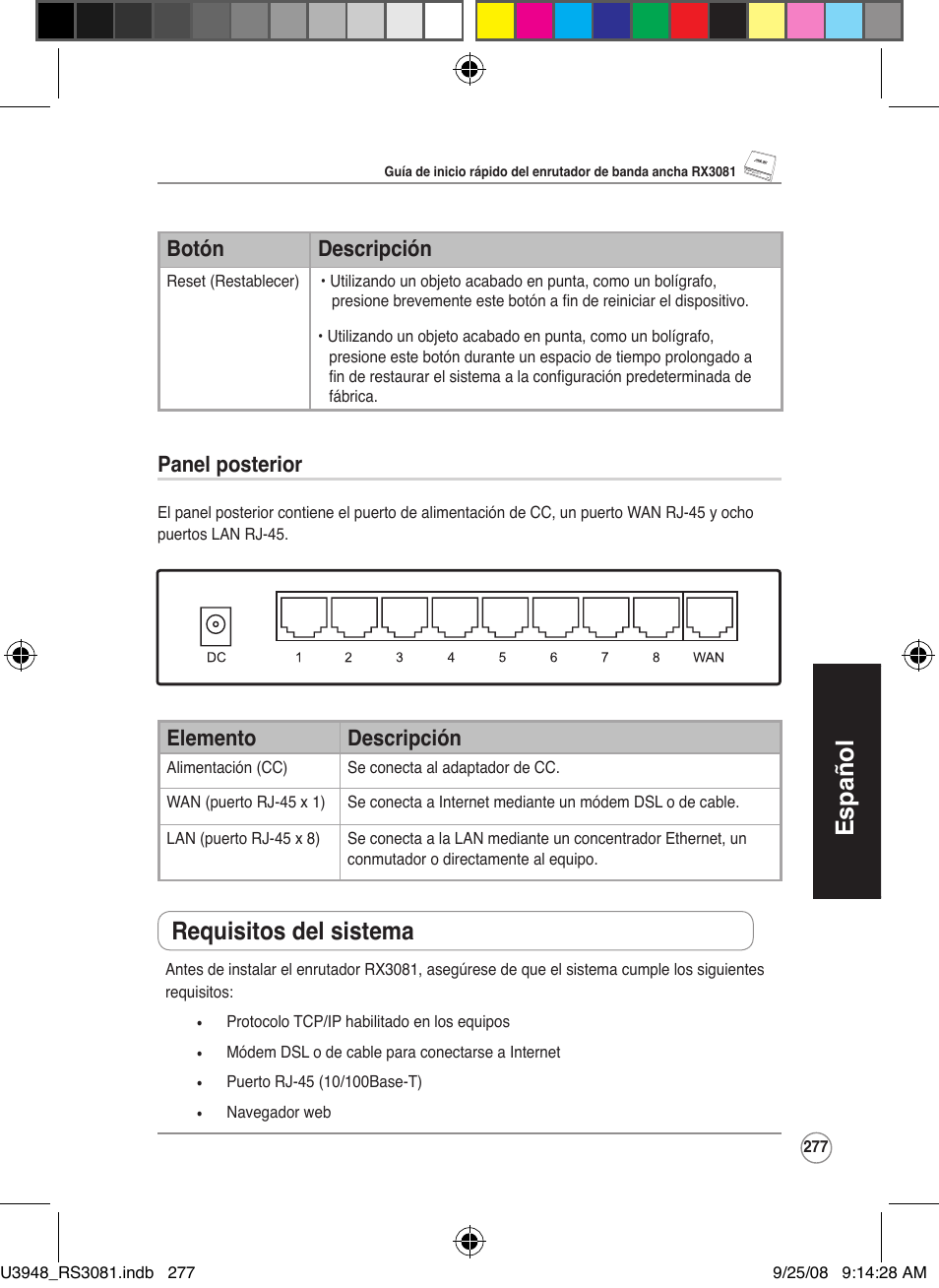 Español, Requisitos del sistema, Botón descripción | Panel posterior, Elemento descripción | Asus RX3081 User Manual | Page 277 / 301