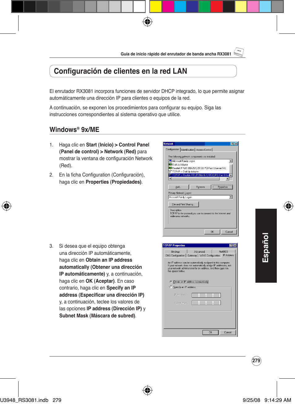 Español, Configuración de clientes en la red lan, Windows | 9x/me | Asus RX3081 User Manual | Page 279 / 301