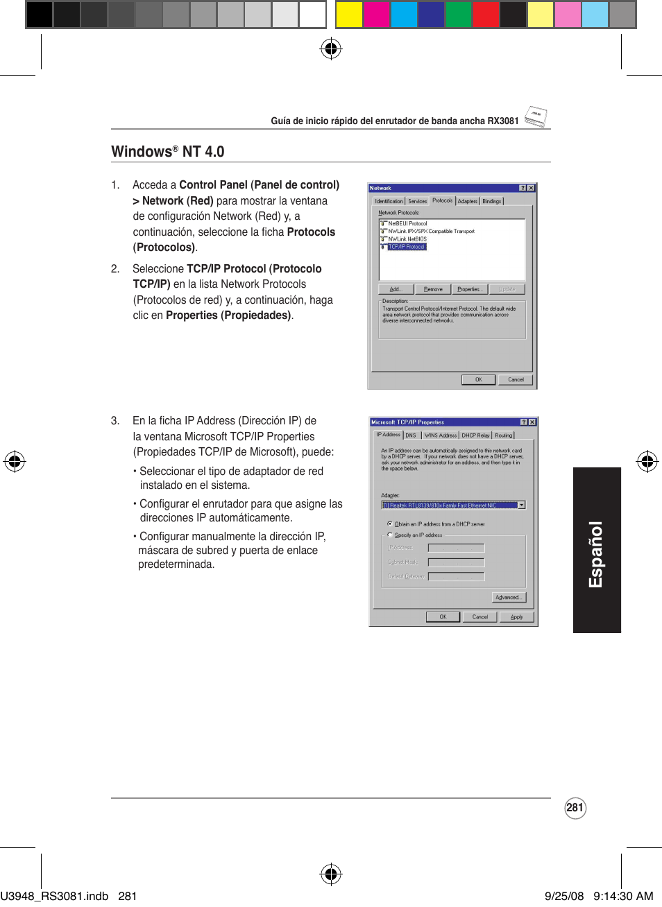 Español, Windows, Nt.4.0 | Asus RX3081 User Manual | Page 281 / 301