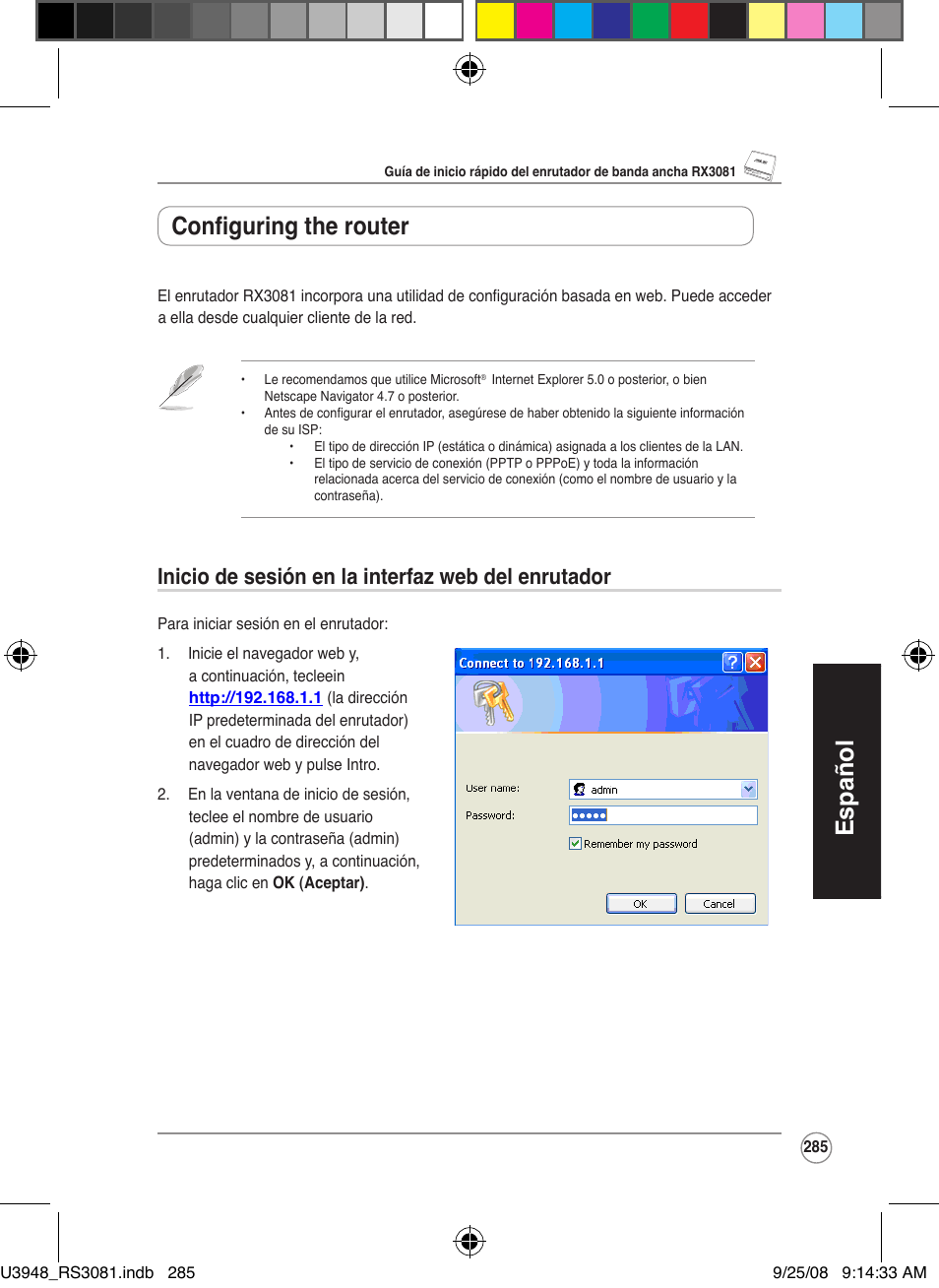 Español, Configuring the router, Inicio de sesión en la interfaz web del enrutador | Asus RX3081 User Manual | Page 285 / 301