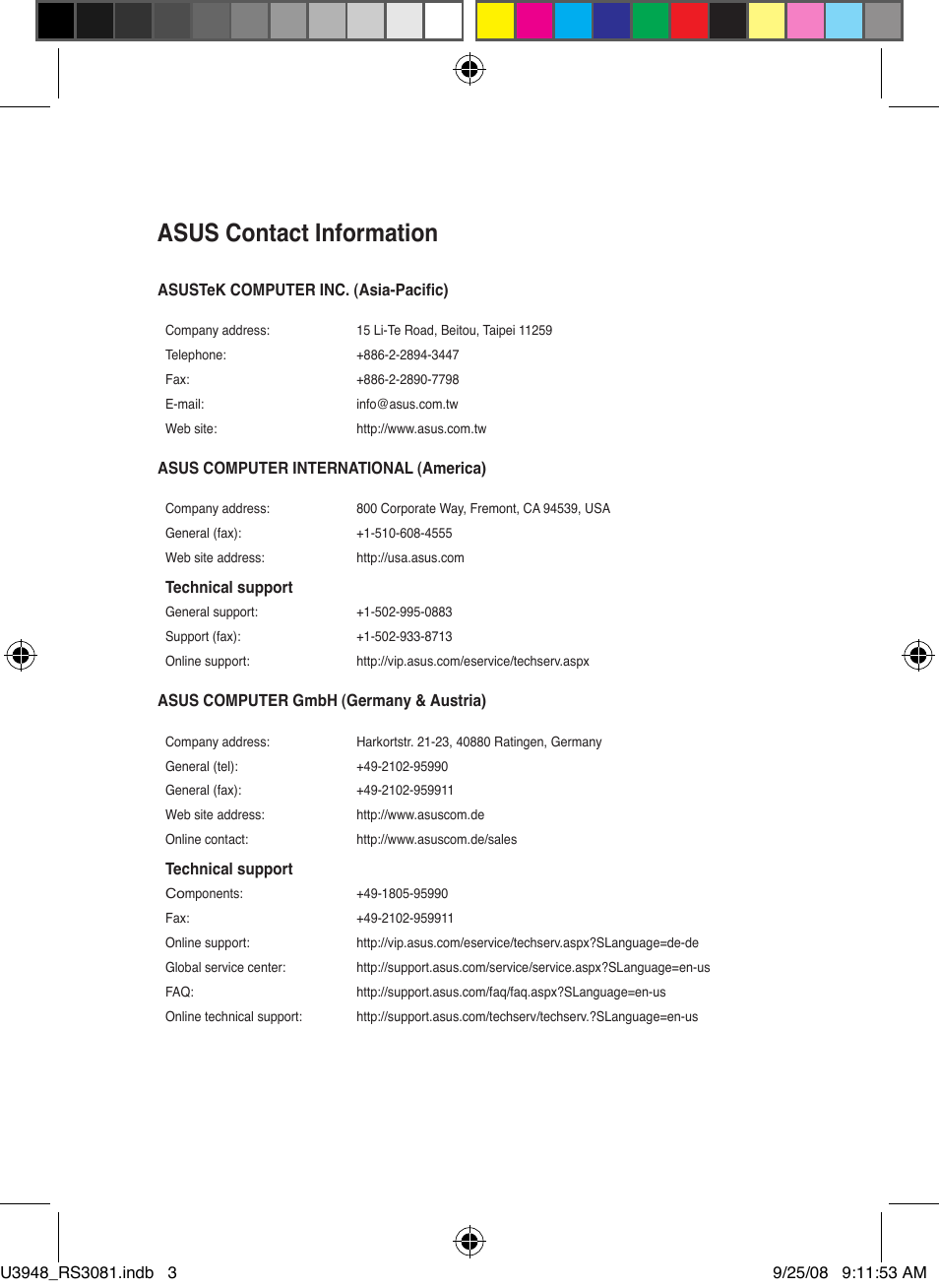 Asus contact information | Asus RX3081 User Manual | Page 3 / 301