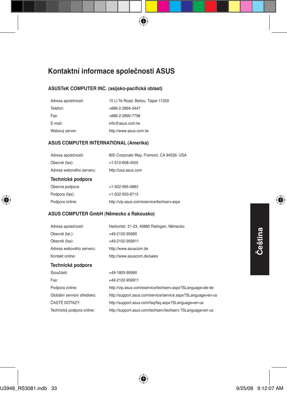 Čeština, Kontaktní informace společnosti asus | Asus RX3081 User Manual | Page 33 / 301