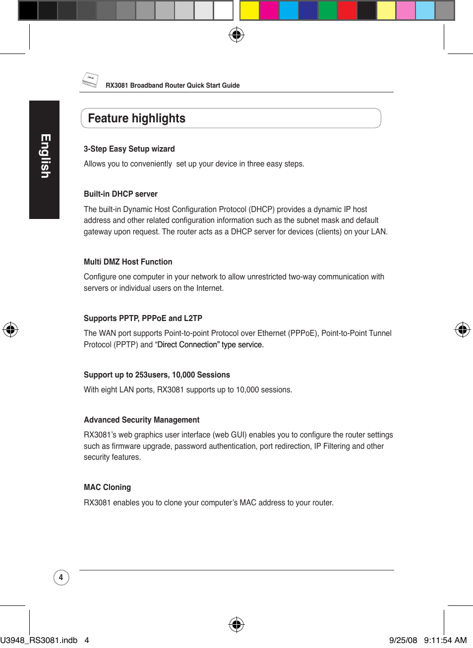 English, Feature highlights | Asus RX3081 User Manual | Page 4 / 301