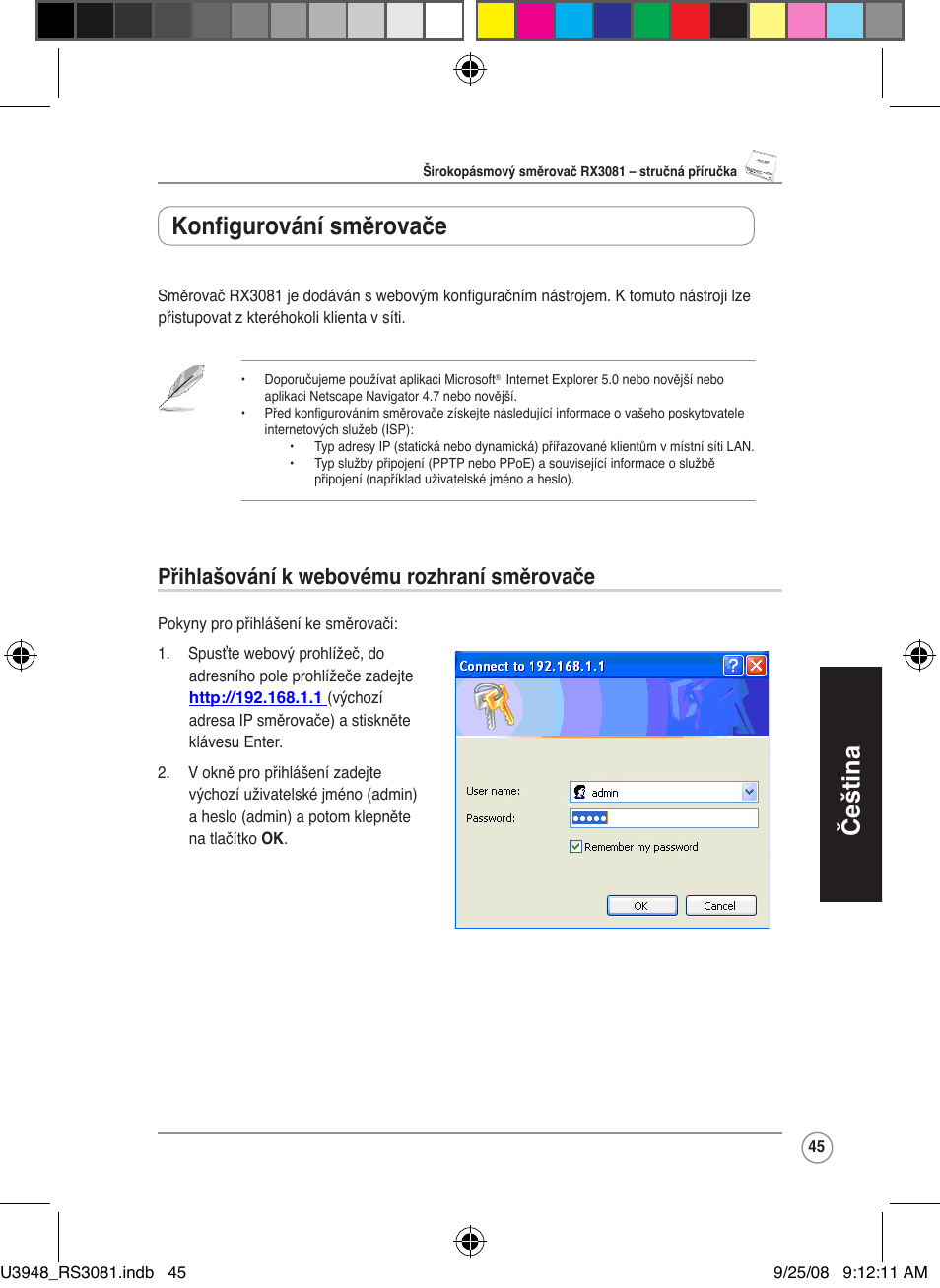 Čeština, Konfigurování směrovače, Přihlašování k webovému rozhraní směrovače | Asus RX3081 User Manual | Page 45 / 301