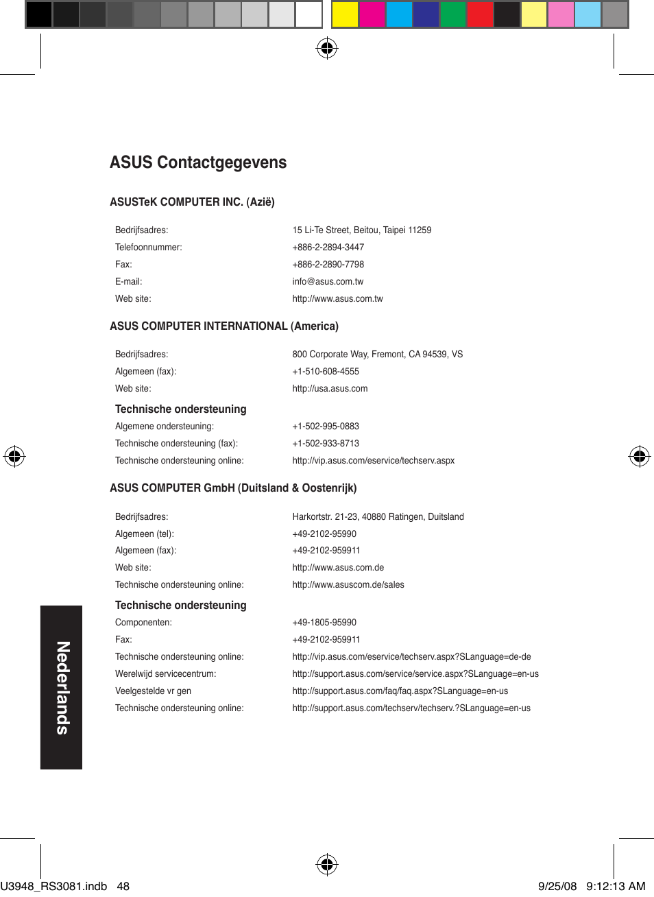 Nederlands, Asus contactgegevens | Asus RX3081 User Manual | Page 48 / 301