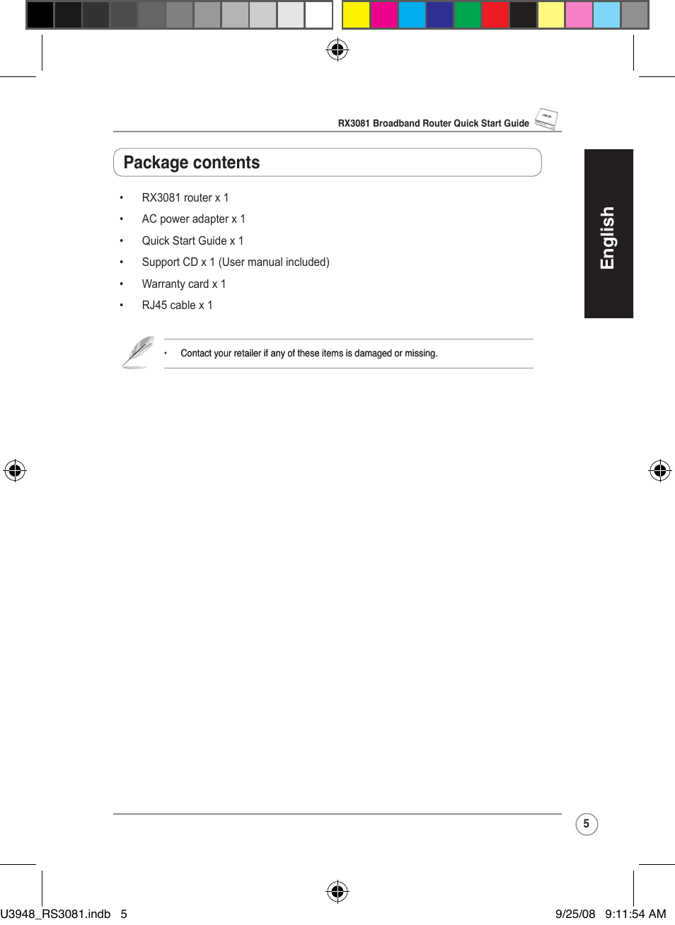 English, Package contents | Asus RX3081 User Manual | Page 5 / 301