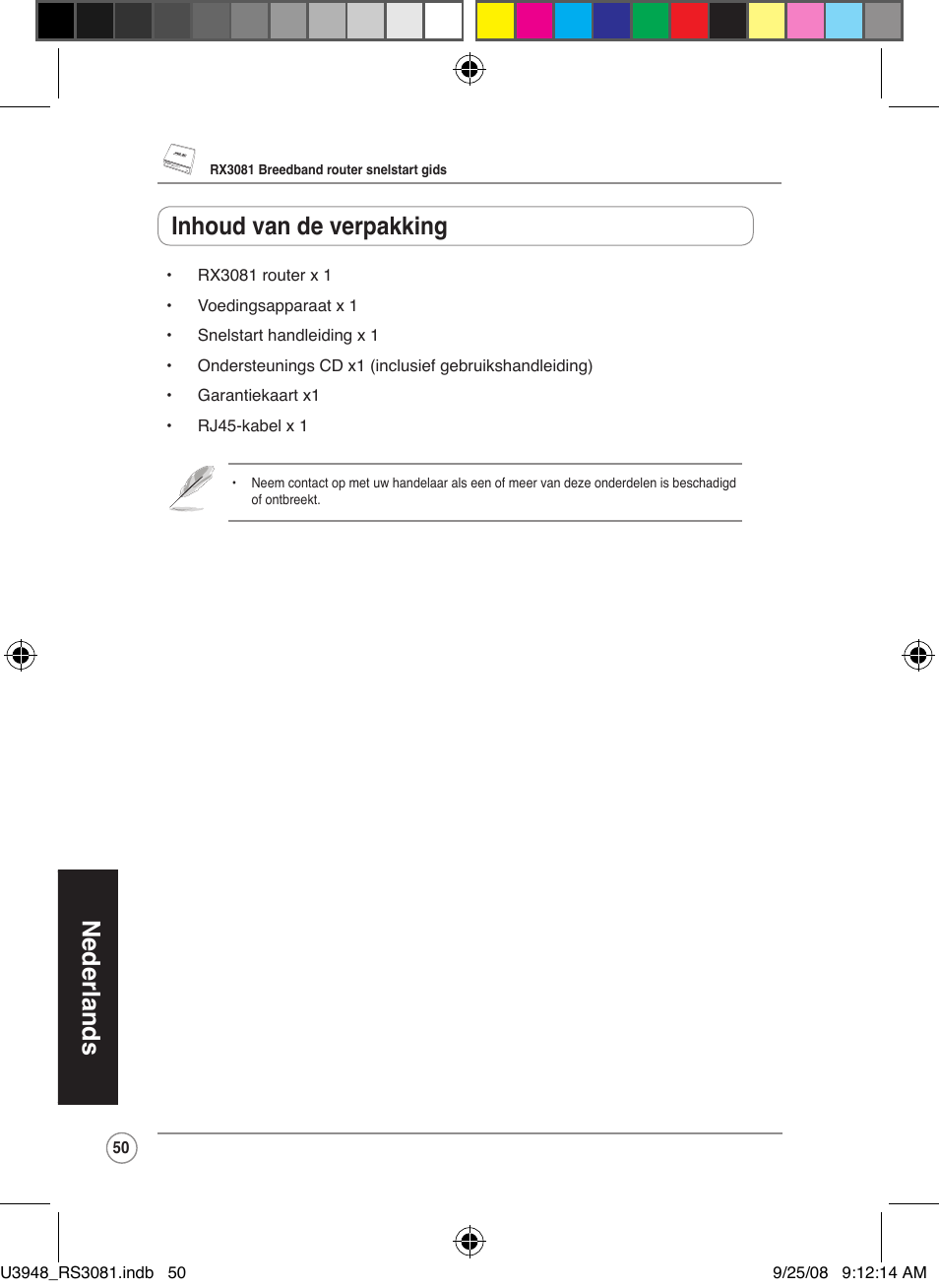 Nederlands, Inhoud van de verpakking | Asus RX3081 User Manual | Page 50 / 301