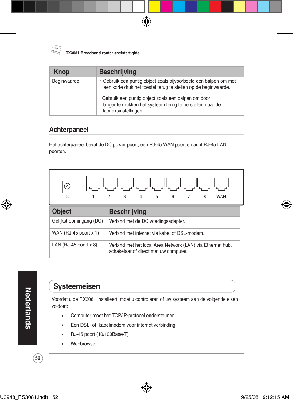 Nederlands, Systeemeisen, Knop beschrijving | Achterpaneel, Object beschrijving | Asus RX3081 User Manual | Page 52 / 301