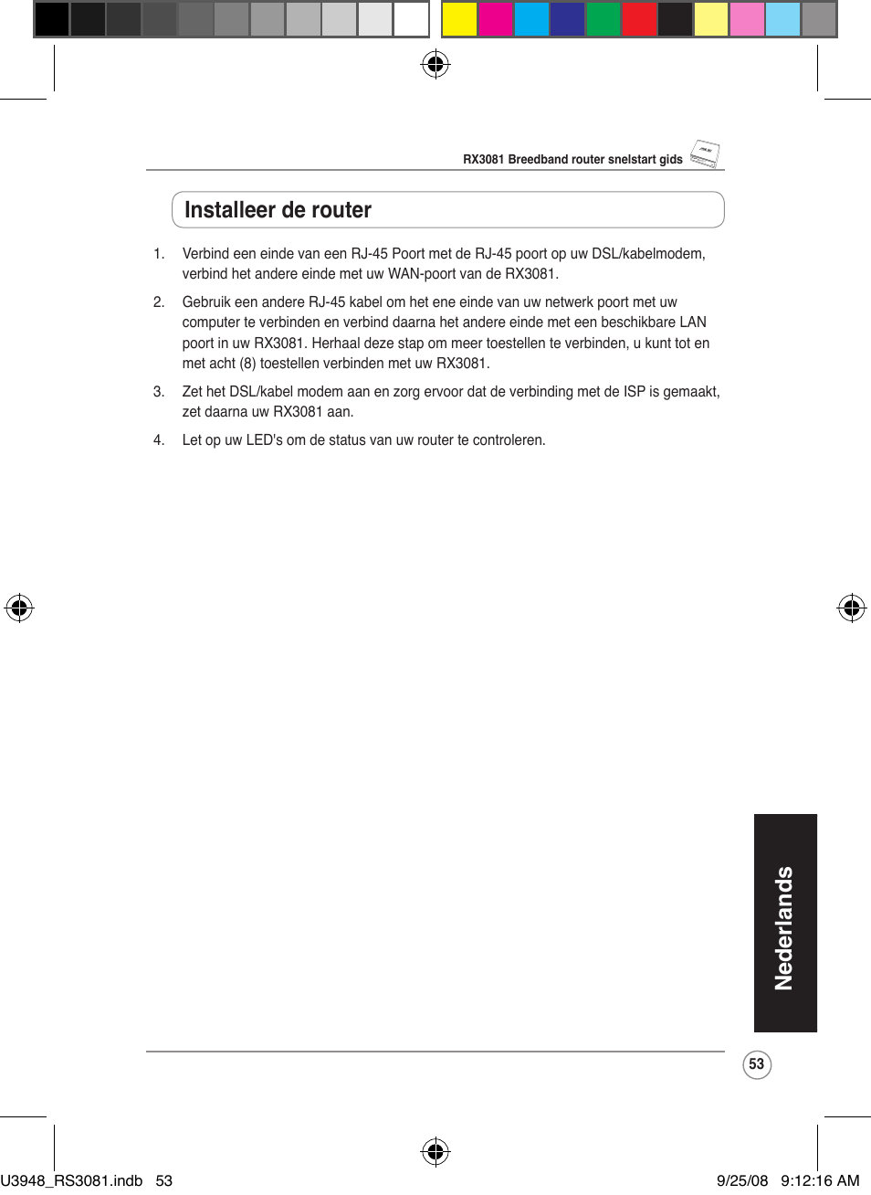 Nederlands, Installeer de router | Asus RX3081 User Manual | Page 53 / 301