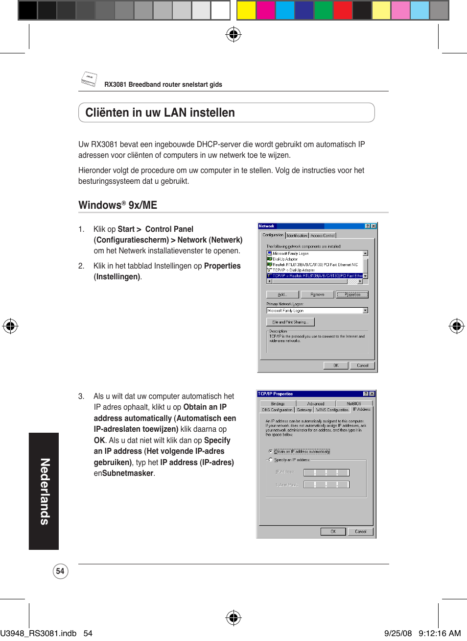 Nederlands, Cliënten in uw lan instellen, Windows | 9x/me | Asus RX3081 User Manual | Page 54 / 301