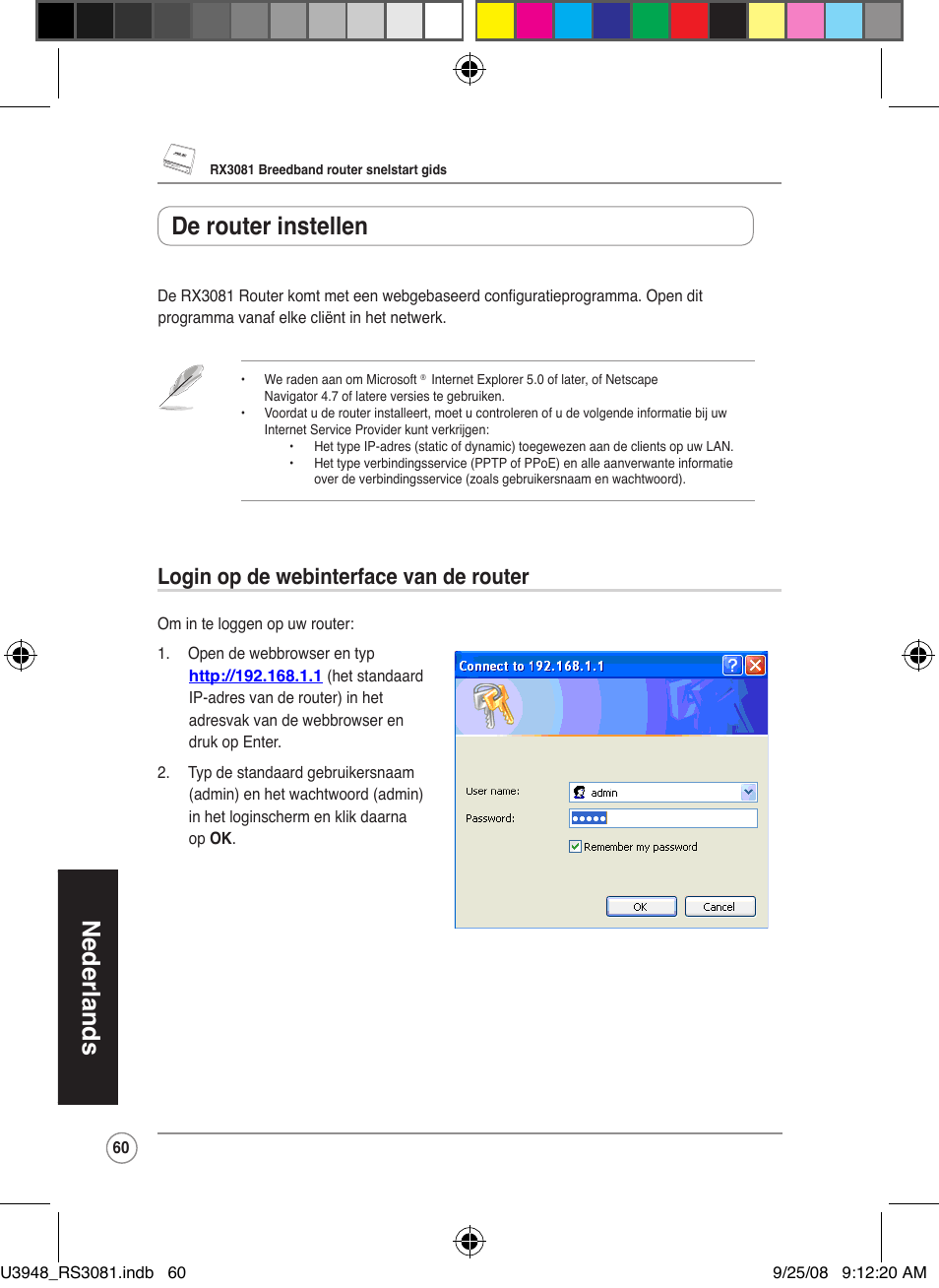 Nederlands, De router instellen, Login op de webinterface van de router | Asus RX3081 User Manual | Page 60 / 301