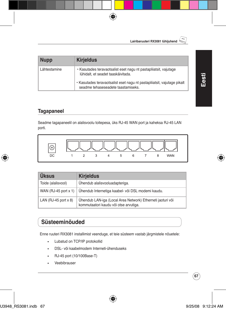 Eesti, Süsteeminõuded, Nupp kirjeldus | Tagapaneel, Üksus kirjeldus | Asus RX3081 User Manual | Page 67 / 301