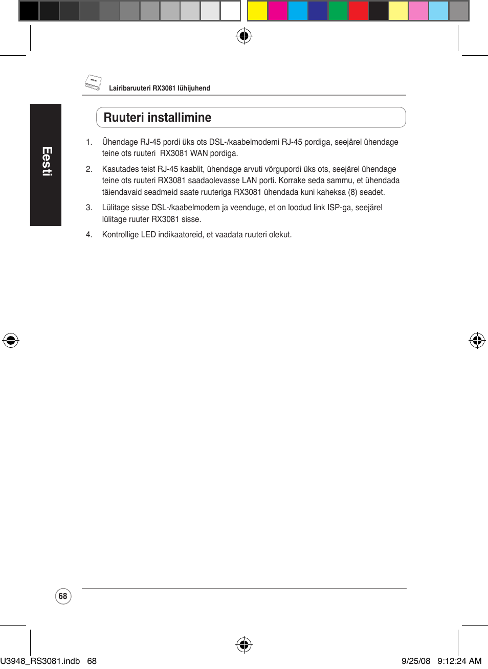 Eesti, Ruuteri installimine | Asus RX3081 User Manual | Page 68 / 301