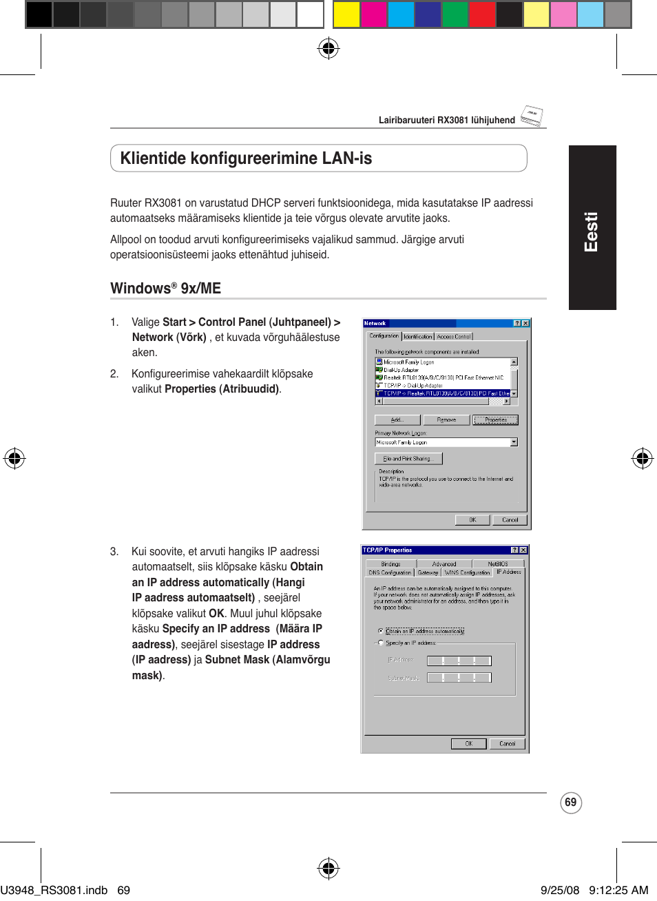 Eesti, Klientide konfigureerimine lan-is, Windows | 9x/me | Asus RX3081 User Manual | Page 69 / 301