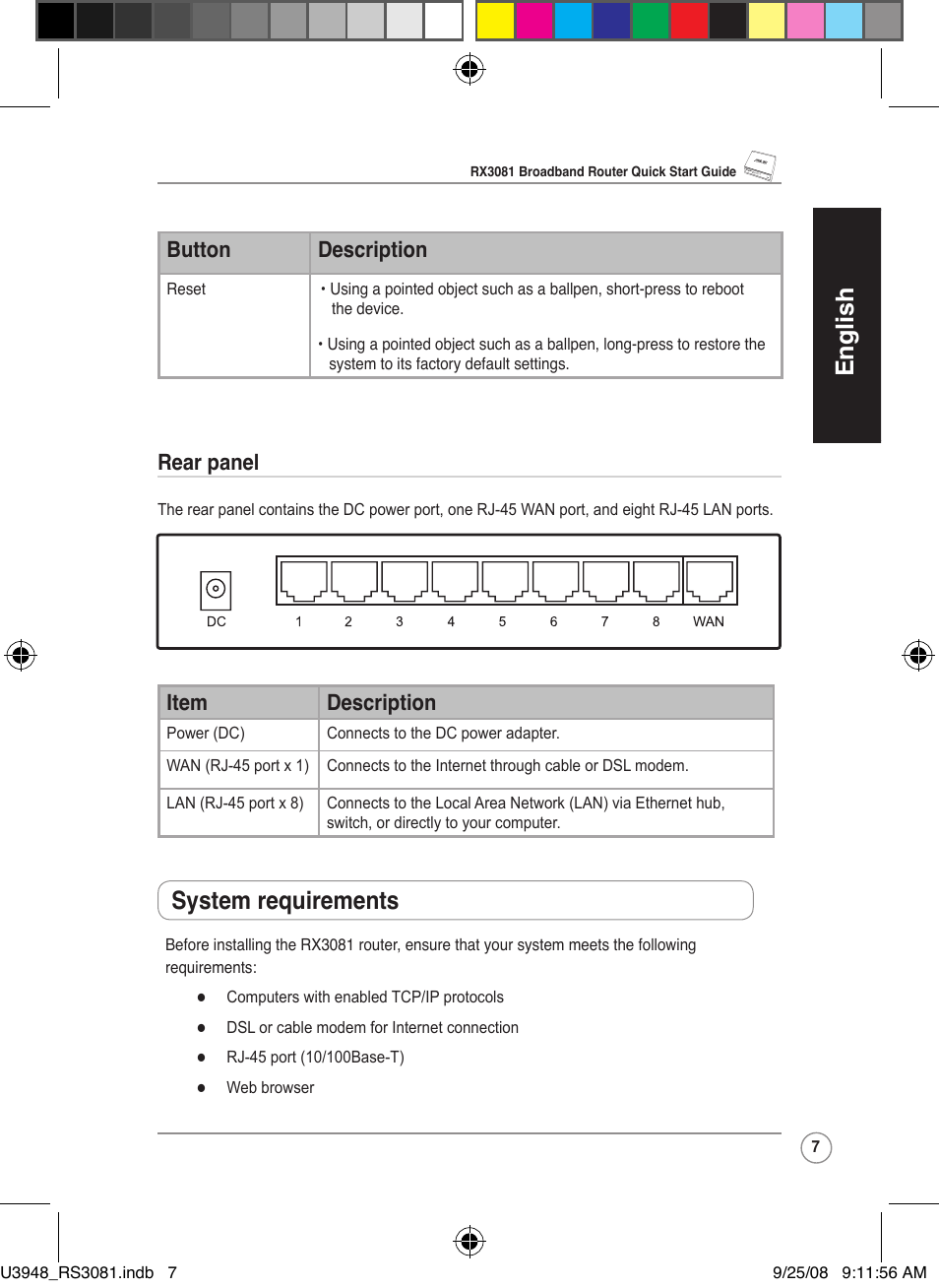 English, System requirements, Button description | Rear panel, Item description | Asus RX3081 User Manual | Page 7 / 301