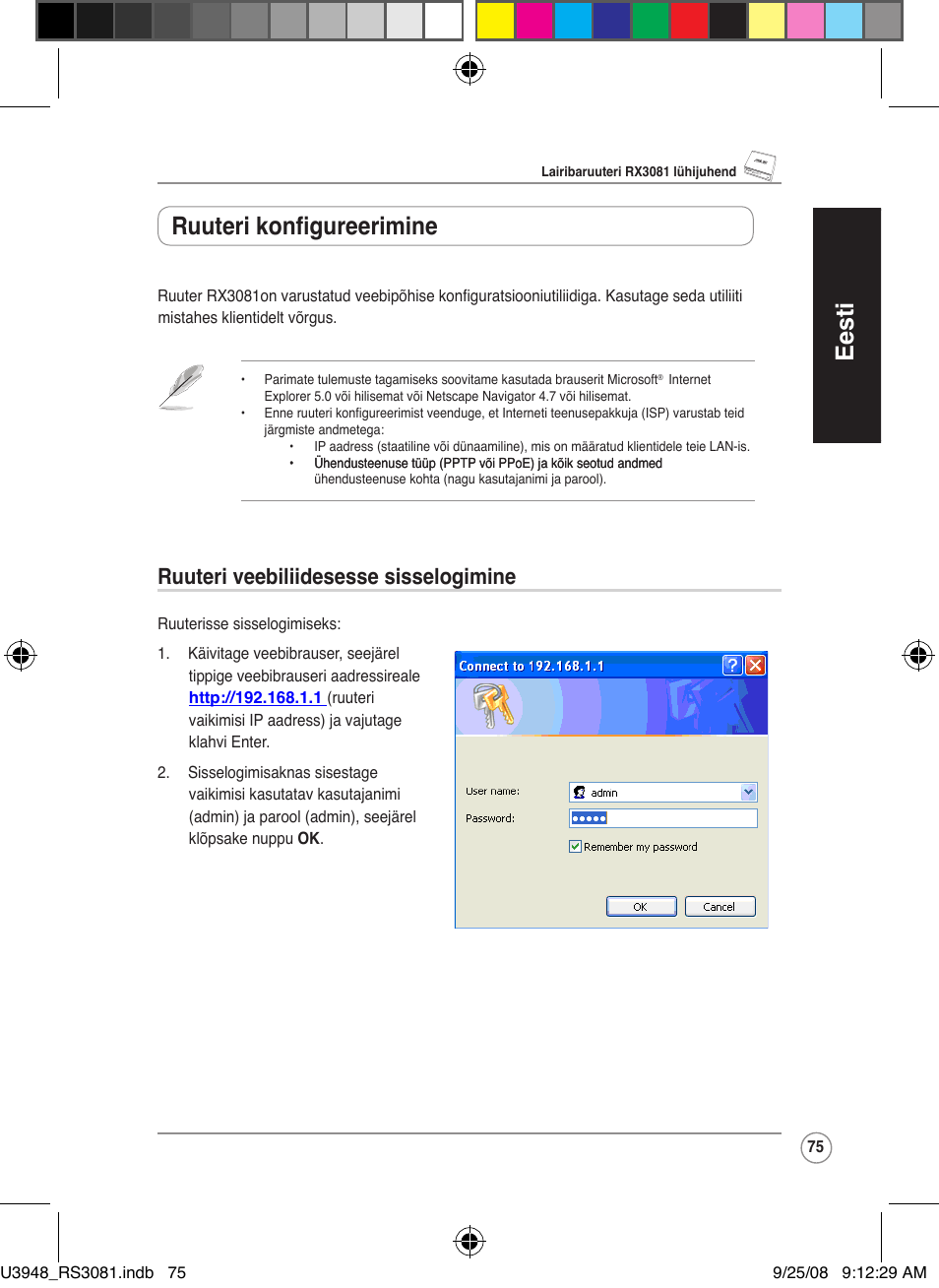 Eesti, Ruuteri konfigureerimine, Ruuteri veebiliidesesse sisselogimine | Asus RX3081 User Manual | Page 75 / 301