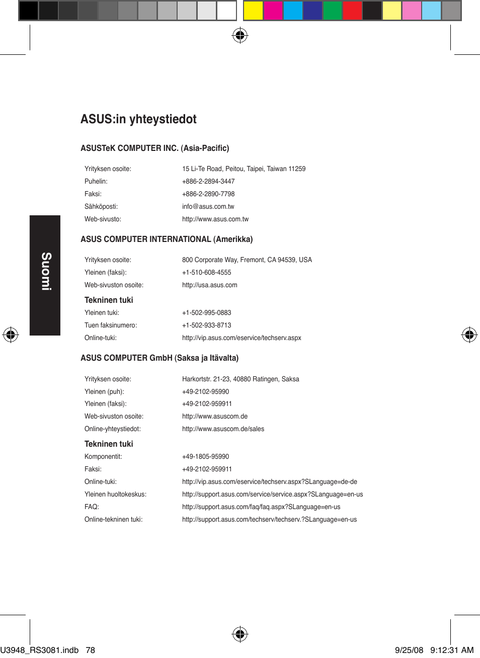 Suomi, Asus:in yhteystiedot | Asus RX3081 User Manual | Page 78 / 301