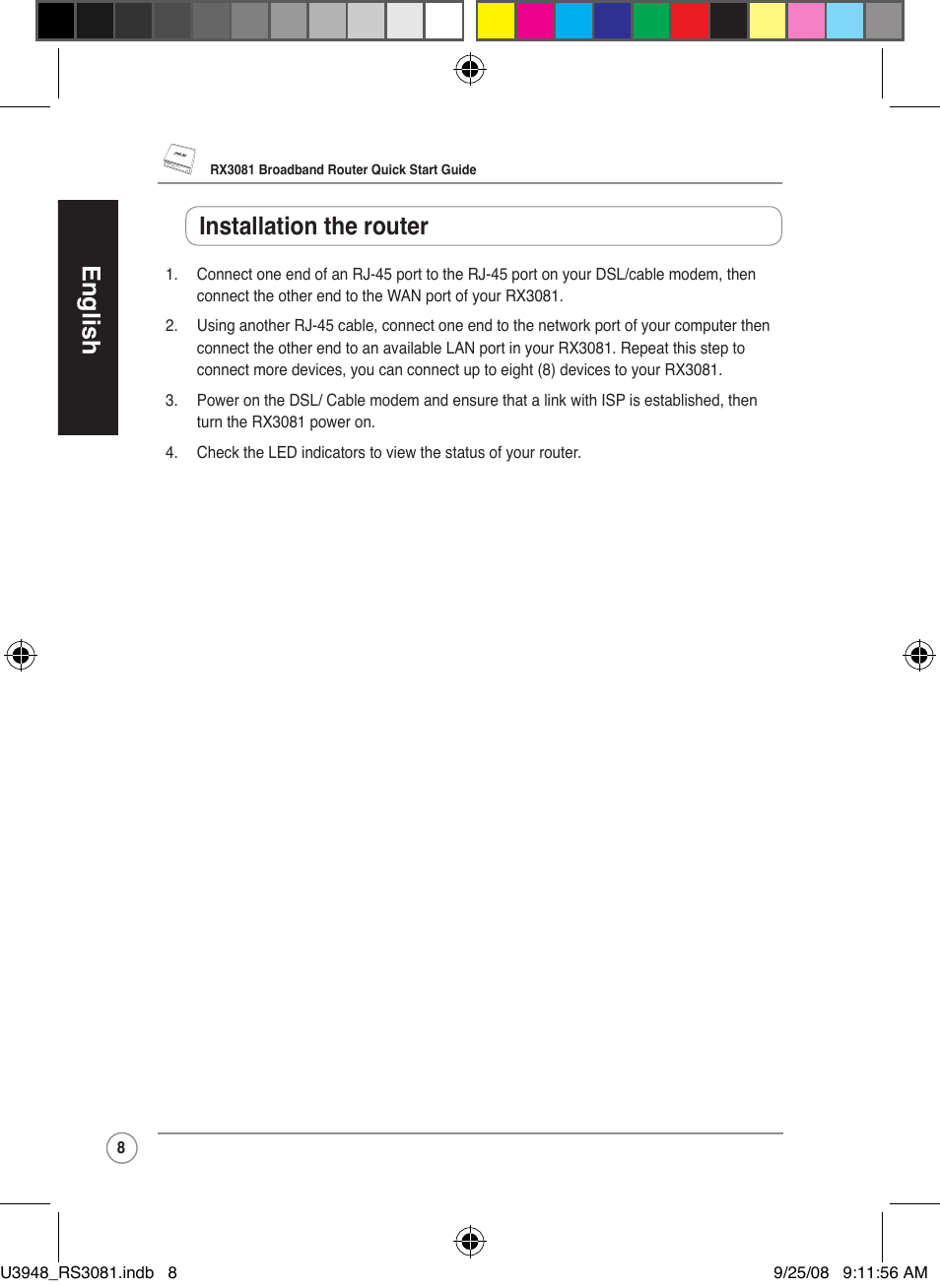 English, Installation the router | Asus RX3081 User Manual | Page 8 / 301