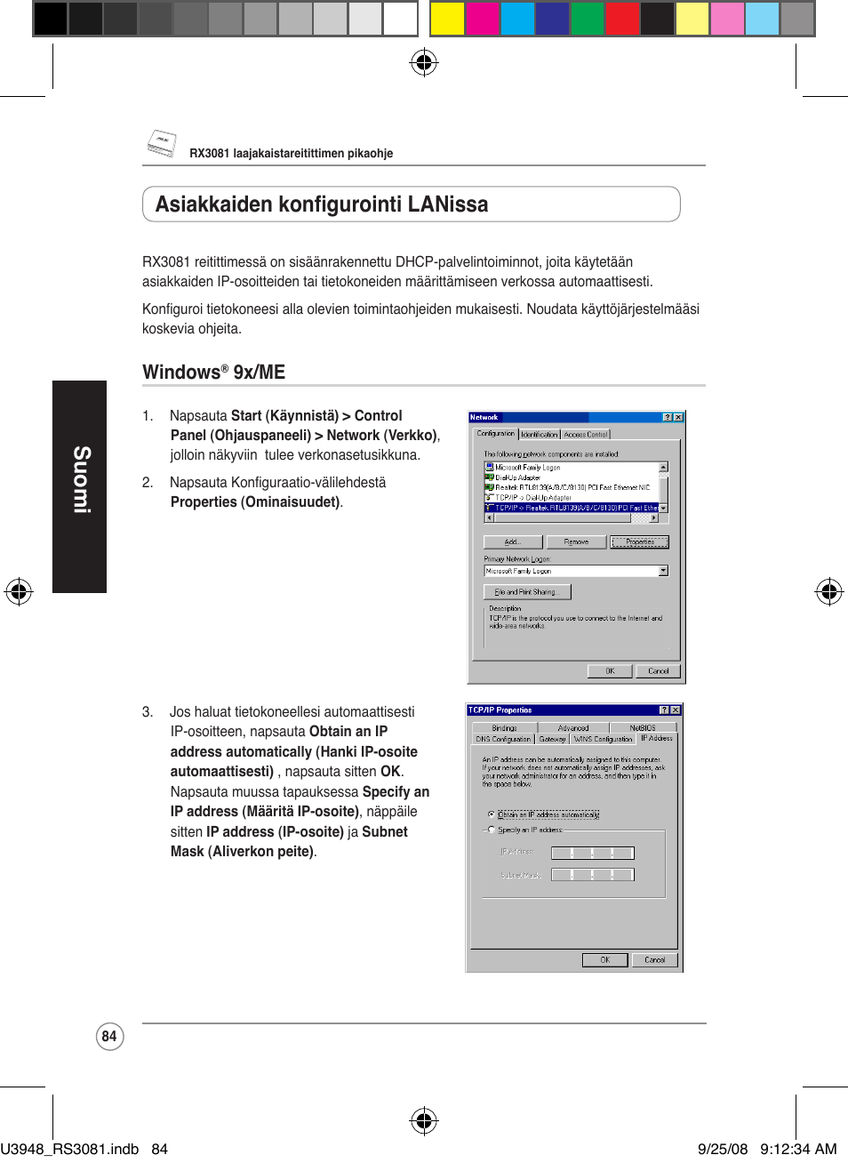 Suomi, Asiakkaiden konfigurointi lanissa, Windows | 9x/me | Asus RX3081 User Manual | Page 84 / 301