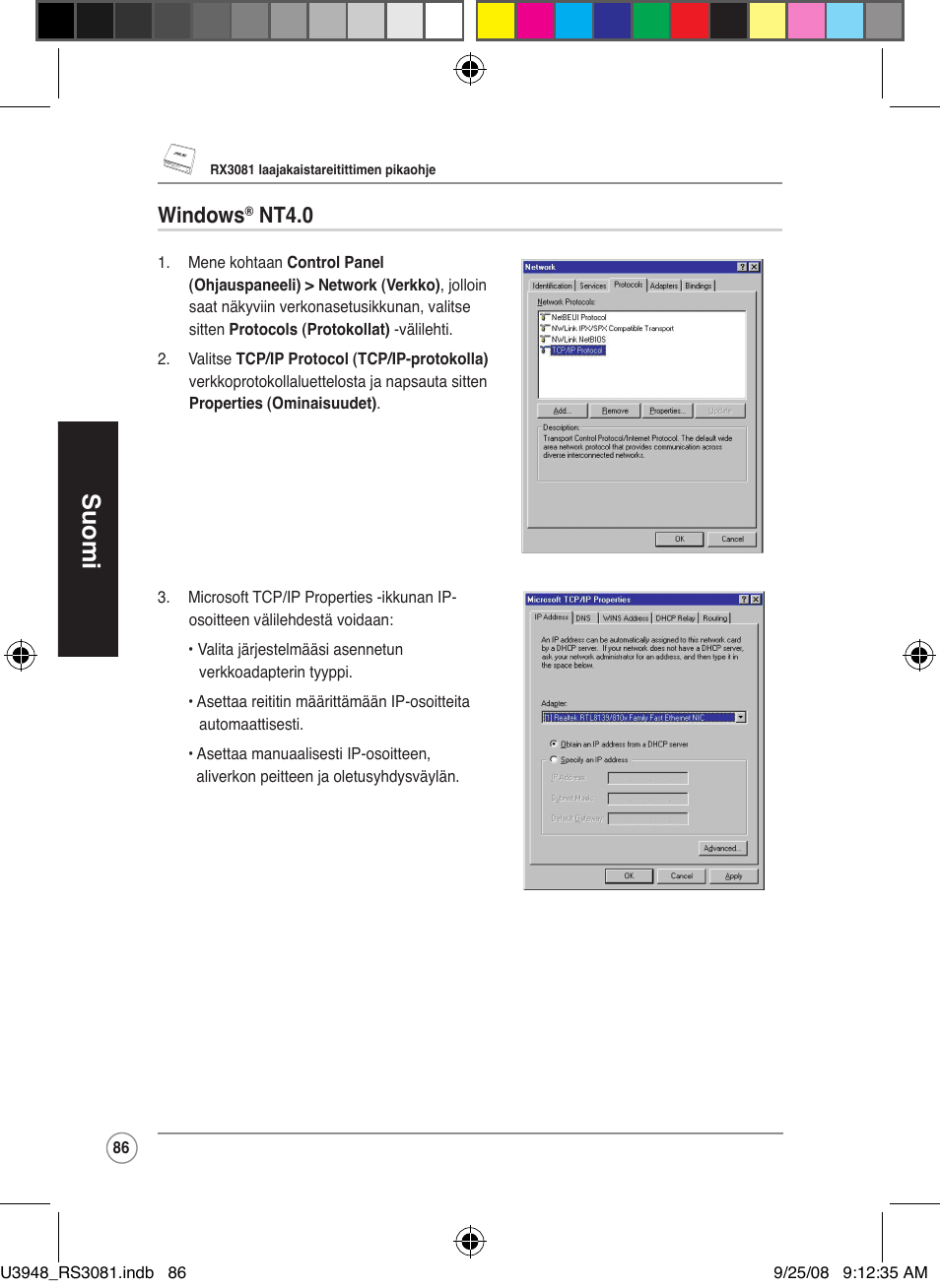 Suomi, Windows, Nt4.0 | Asus RX3081 User Manual | Page 86 / 301