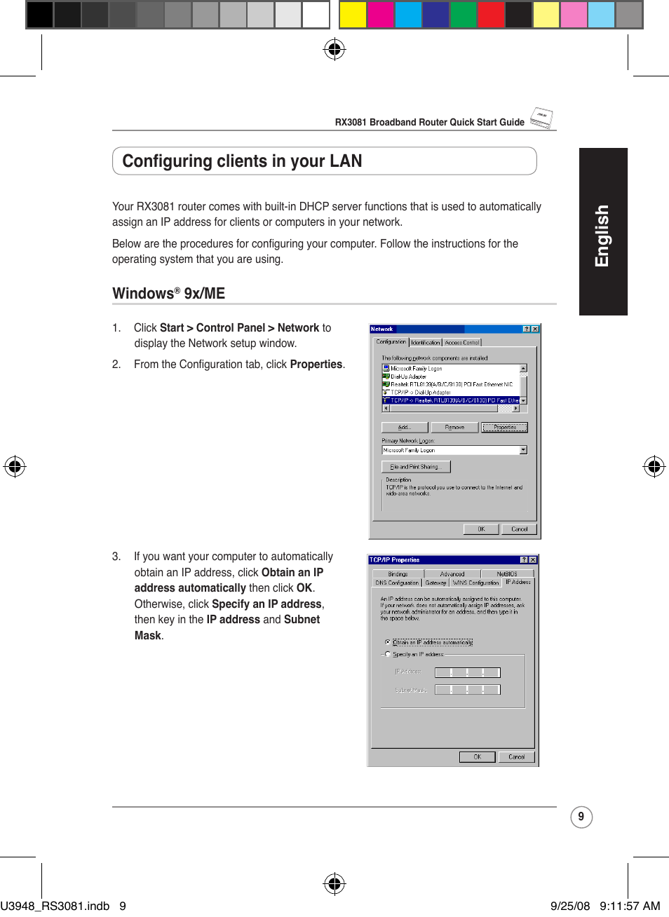 English, Configuring clients in your lan, Windows | 9x/me | Asus RX3081 User Manual | Page 9 / 301