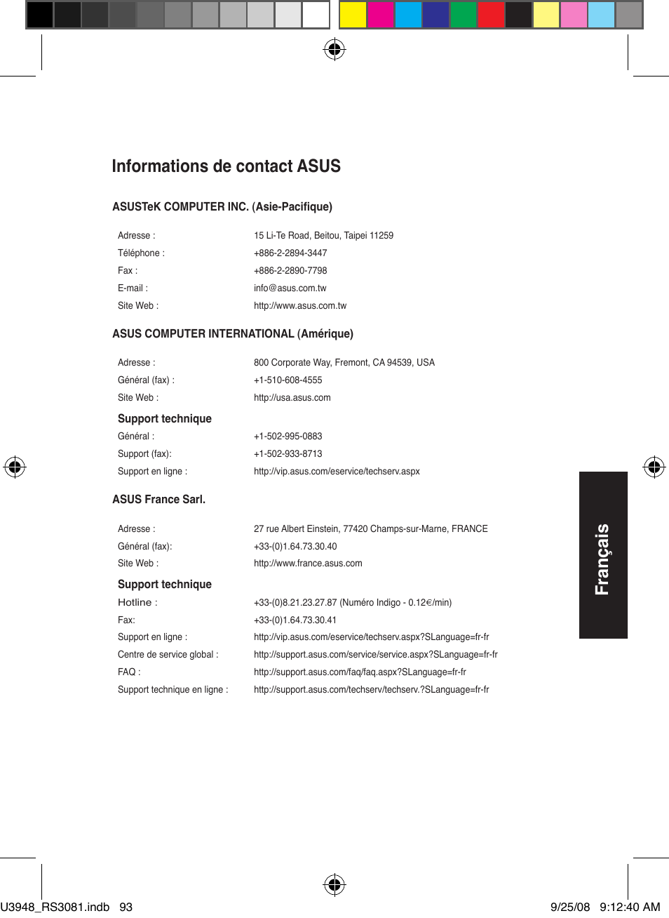 Français, Informations de contact asus | Asus RX3081 User Manual | Page 93 / 301