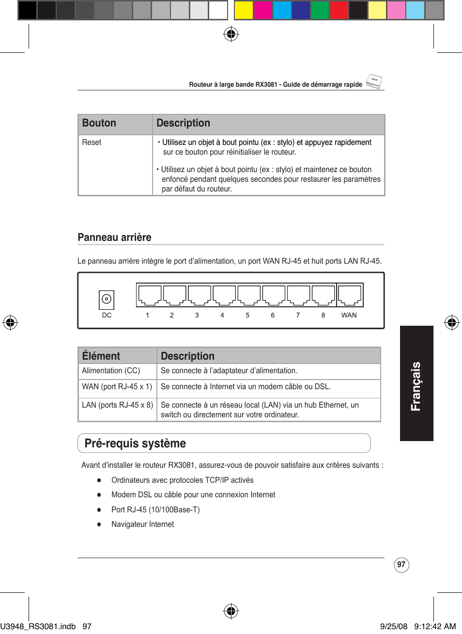 Français, Pré-requis système, Bouton description | Panneau arrière, Élément description | Asus RX3081 User Manual | Page 97 / 301