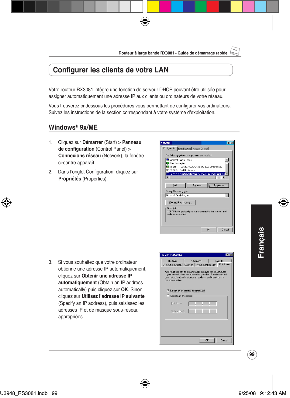 Français, Configurer les clients de votre lan, Windows | 9x/me | Asus RX3081 User Manual | Page 99 / 301