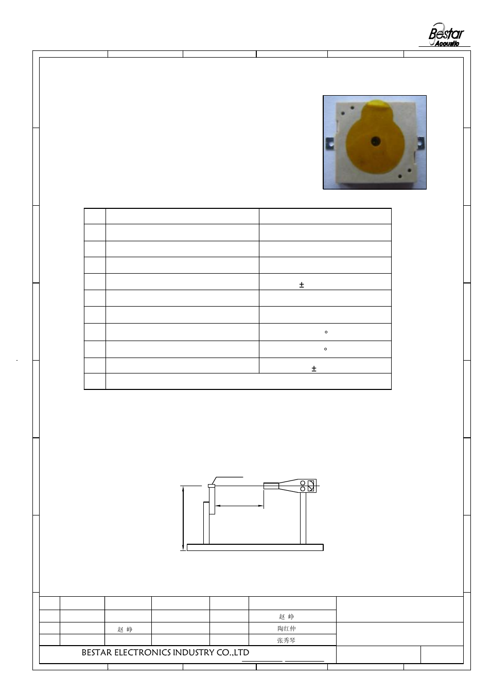 Characteristics, 1 features, Bestar electronics industry co.,ltd | 32 1 piezo sounder, Standard test fixture | BeStar BSP1313-05H2.5-02 LF User Manual | Page 2 / 7