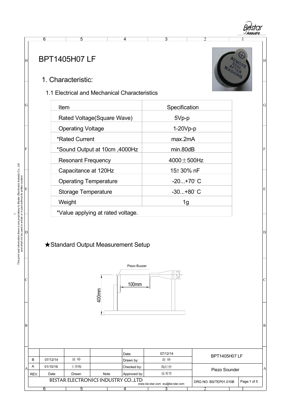 Characteristic, Standard output measurement setup, 1 electrical and mechanical characteristics | Bestar electronics industry co.,ltd | BeStar BPT1405H07 LF User Manual | Page 2 / 6