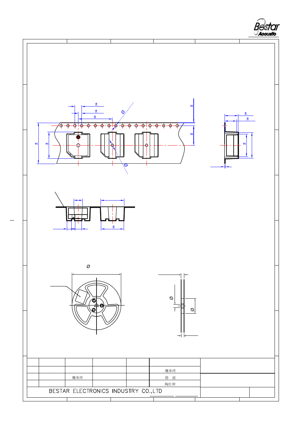 Tape on reel packing, Transducer, 1 packing drawing | Dimensions of carrier tape | BeStar SMT1212-05H6.5F-04 LF User Manual | Page 6 / 10