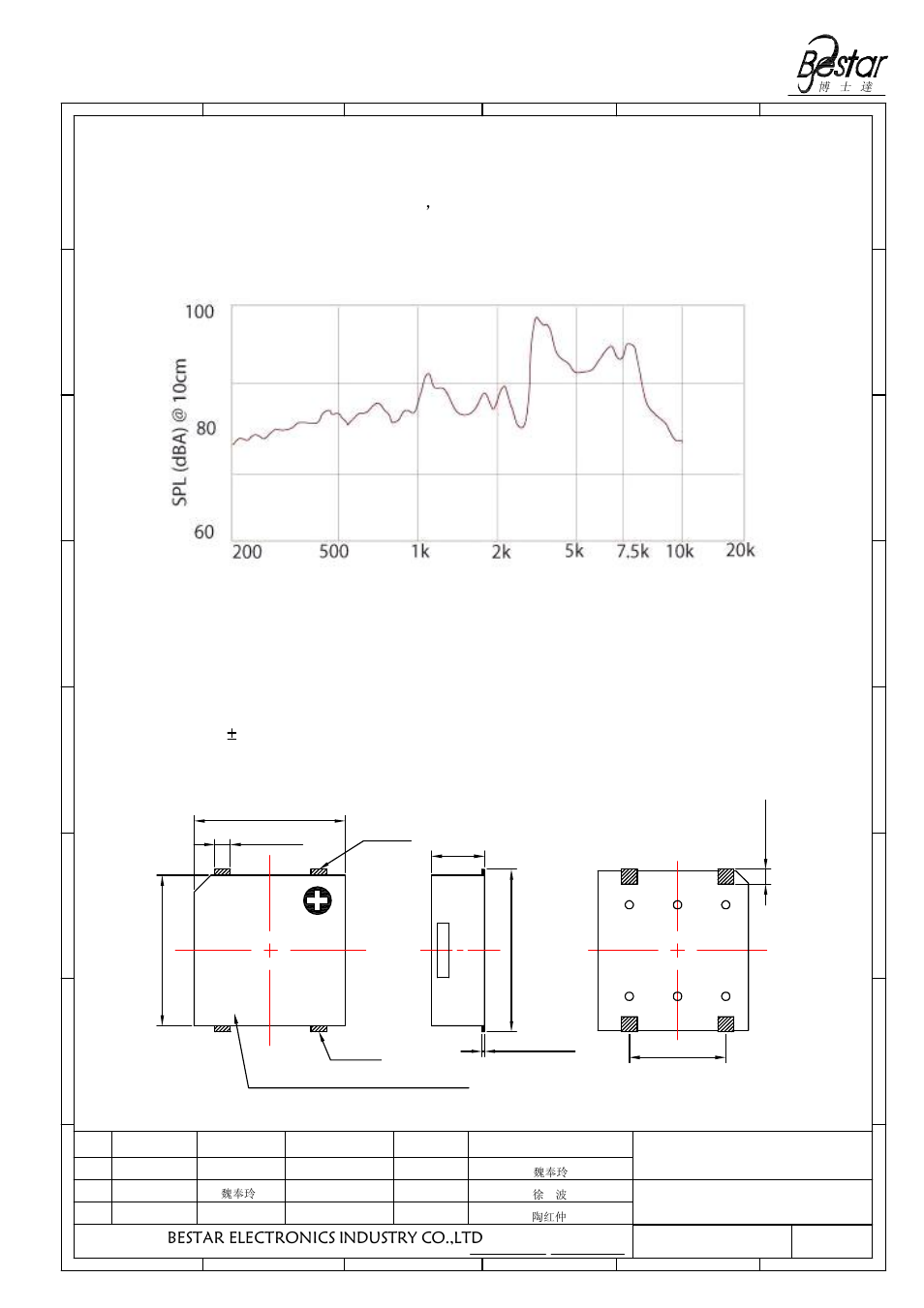 Dimension, Tolerance: 0.3 unit:mm, 4frequency response(square wave | 6vo-p 10cm), Mls-frequency response, Bestar electronics industry co.,ltd | BeStar SMT1010-3.6H3.2 LF User Manual | Page 3 / 8