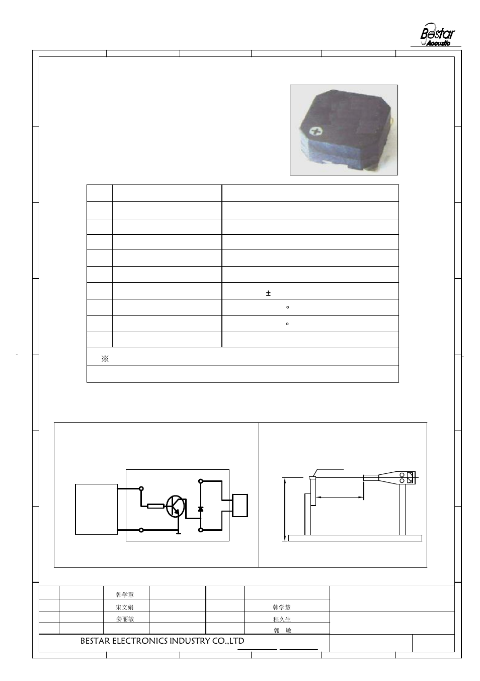 Characteristics, 1 features, 2 electrical and mechanical characteristics | Bestar electronics industry co.,ltd, 1transducer, Buzzer, Standard text fixture | BeStar SMT8585-03H03 LF User Manual | Page 2 / 8