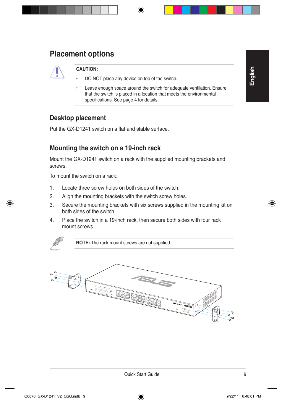 Placement options, Mounting the switch on a 19-inch rack, Desktop placement | Asus GX-D1241 V2 User Manual | Page 10 / 48