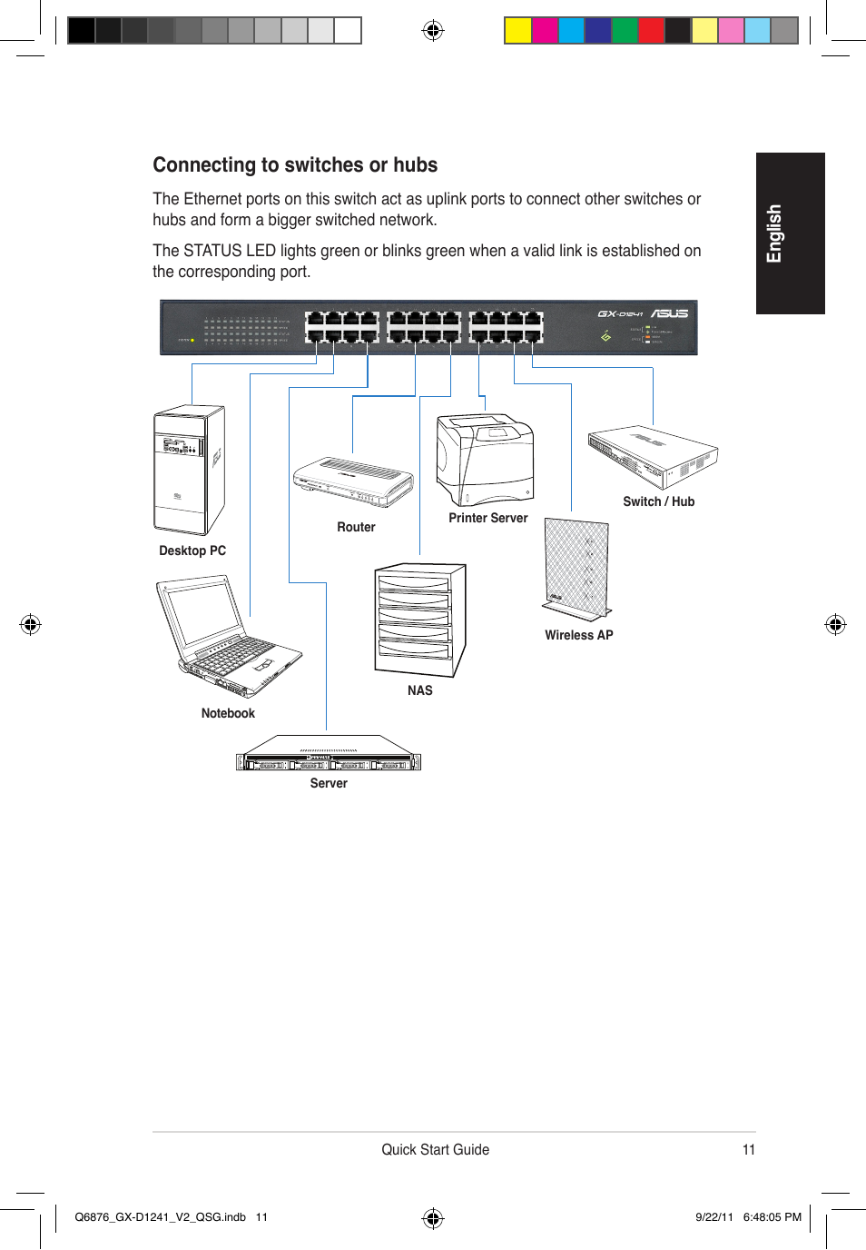 Connecting to switches or hubs, En gl ish | Asus GX-D1241 V2 User Manual | Page 12 / 48