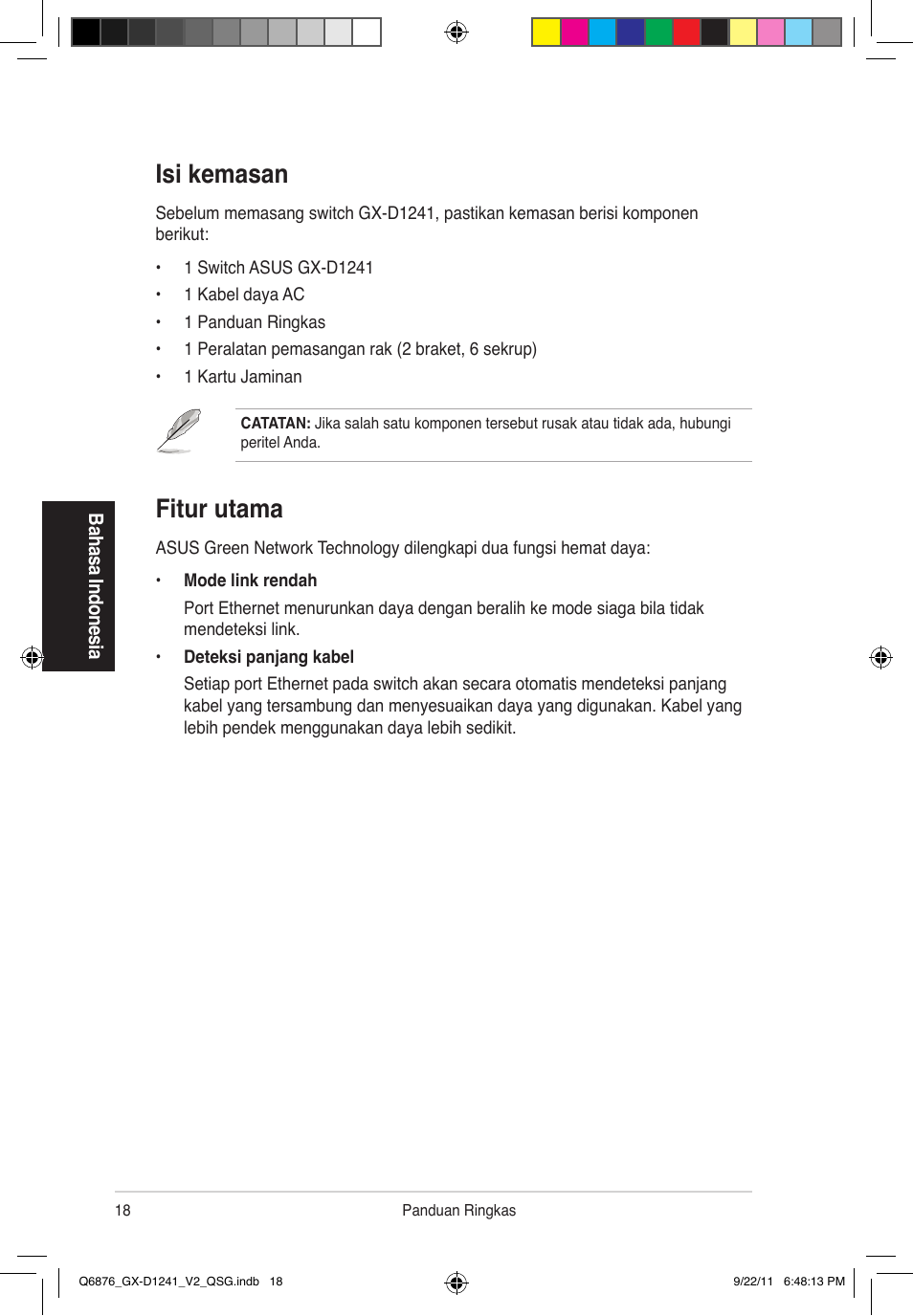 Fitur utama, Isi kemasan | Asus GX-D1241 V2 User Manual | Page 19 / 48