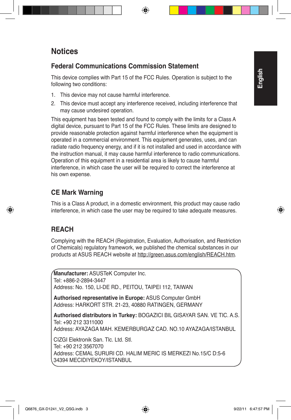 Notices, Federal communications commission statement, Ce mark warning | Reach | Asus GX-D1241 V2 User Manual | Page 2 / 48