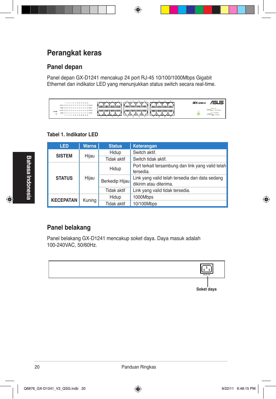 Perangkat keras, Panel belakang, Panel depan | Ba ha sa i nd on esia | Asus GX-D1241 V2 User Manual | Page 21 / 48