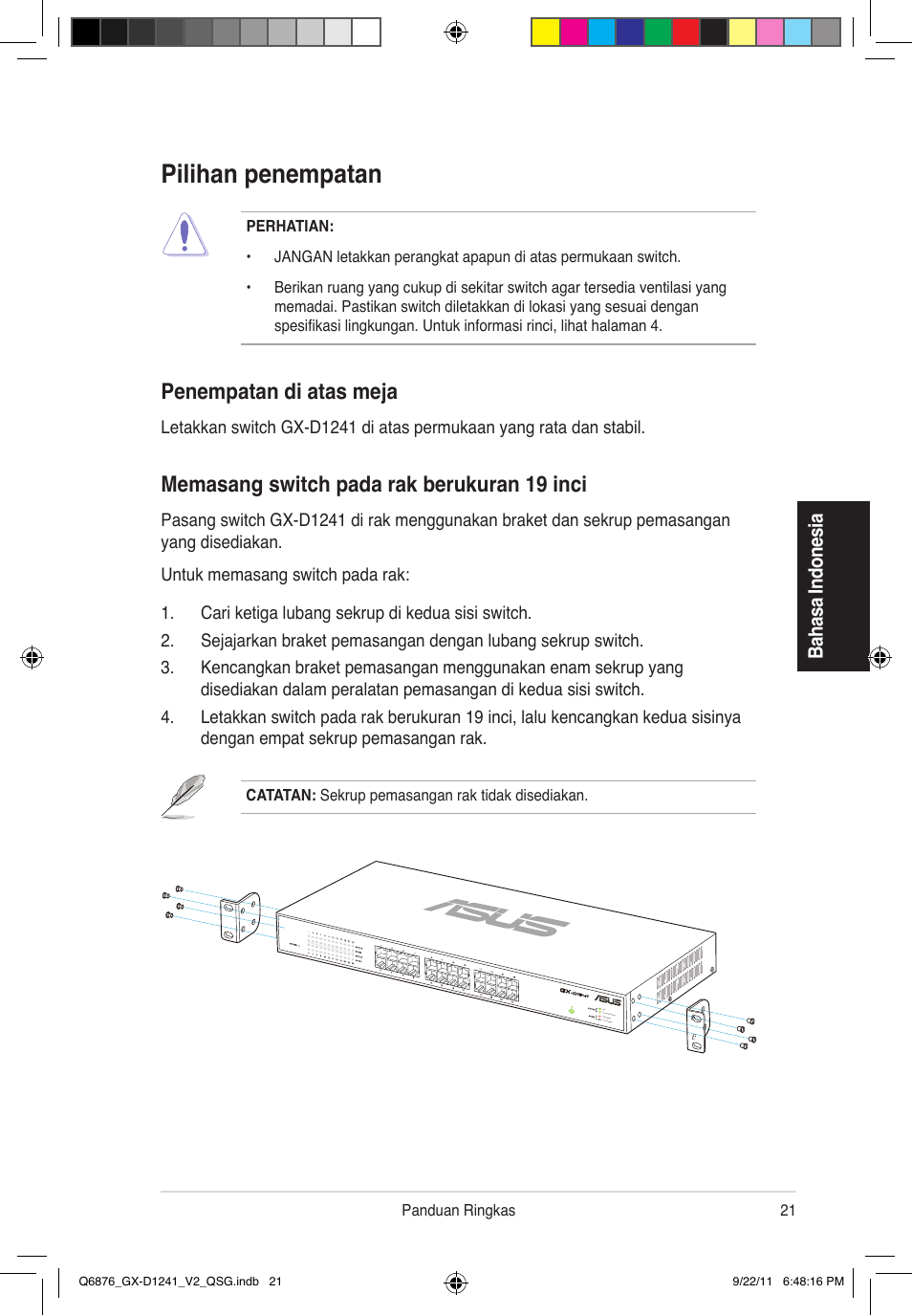 Pilihan penempatan, Memasang switch pada rak berukuran 19 inci, Penempatan di atas meja | Asus GX-D1241 V2 User Manual | Page 22 / 48
