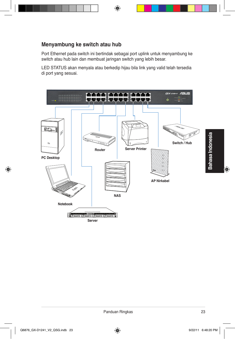 Menyambung ke switch atau hub, Ba ha sa in do ne sia | Asus GX-D1241 V2 User Manual | Page 24 / 48