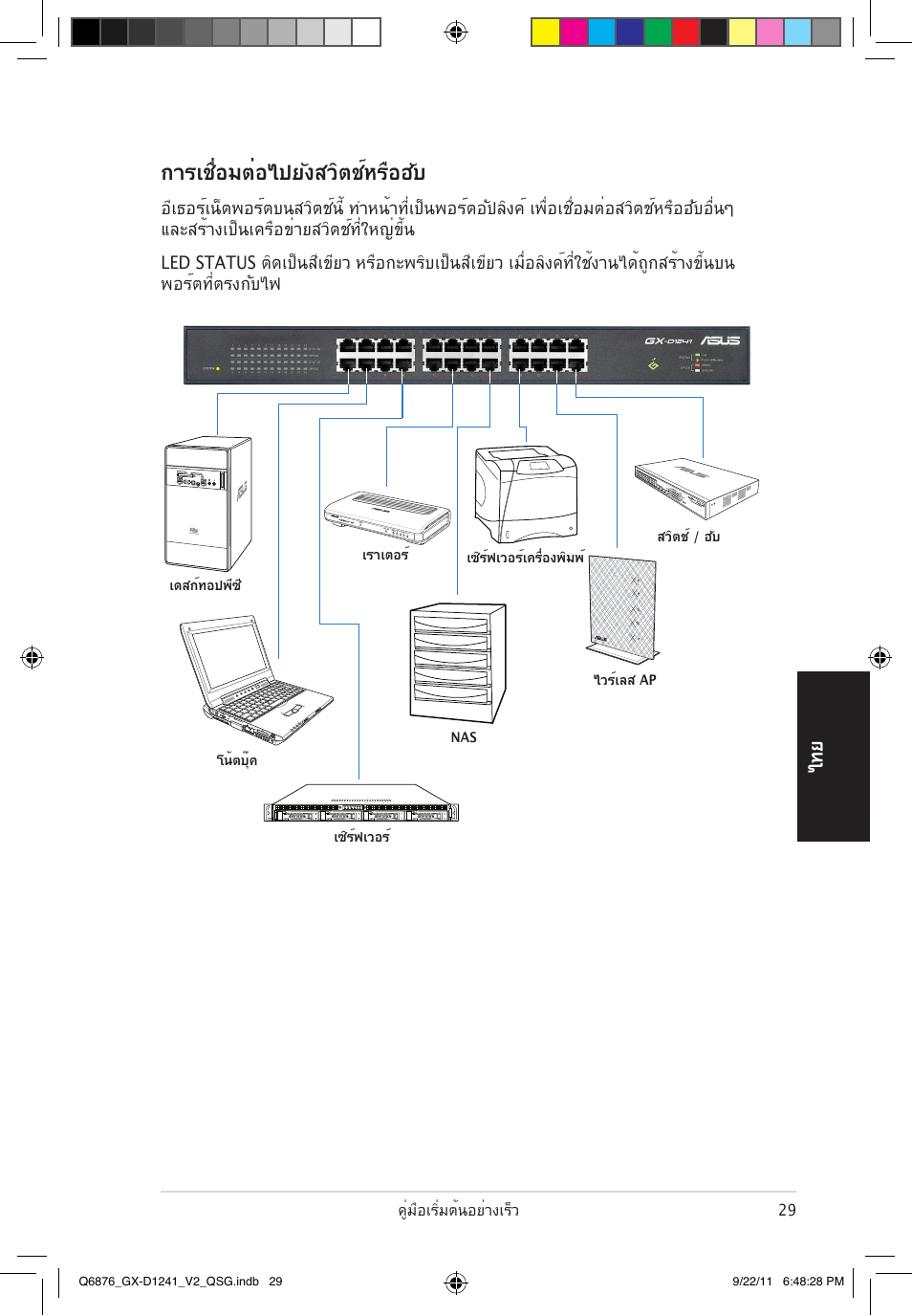 การเชื่อมต่อไปยังสวิตช์หรือฮับ, ไท ย | Asus GX-D1241 V2 User Manual | Page 30 / 48