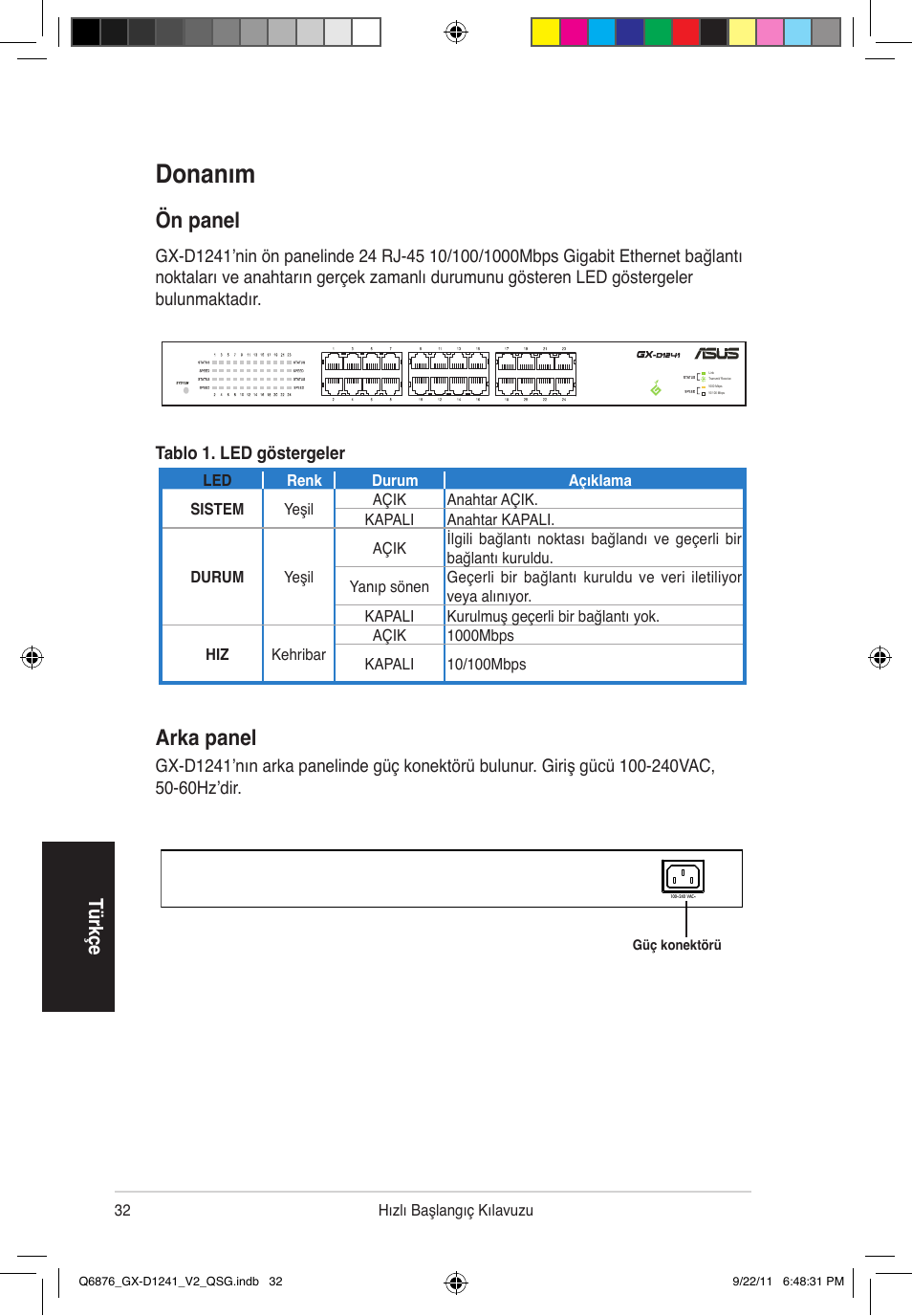 Donanım, Arka panel, Ön panel | Tü rkç e | Asus GX-D1241 V2 User Manual | Page 33 / 48