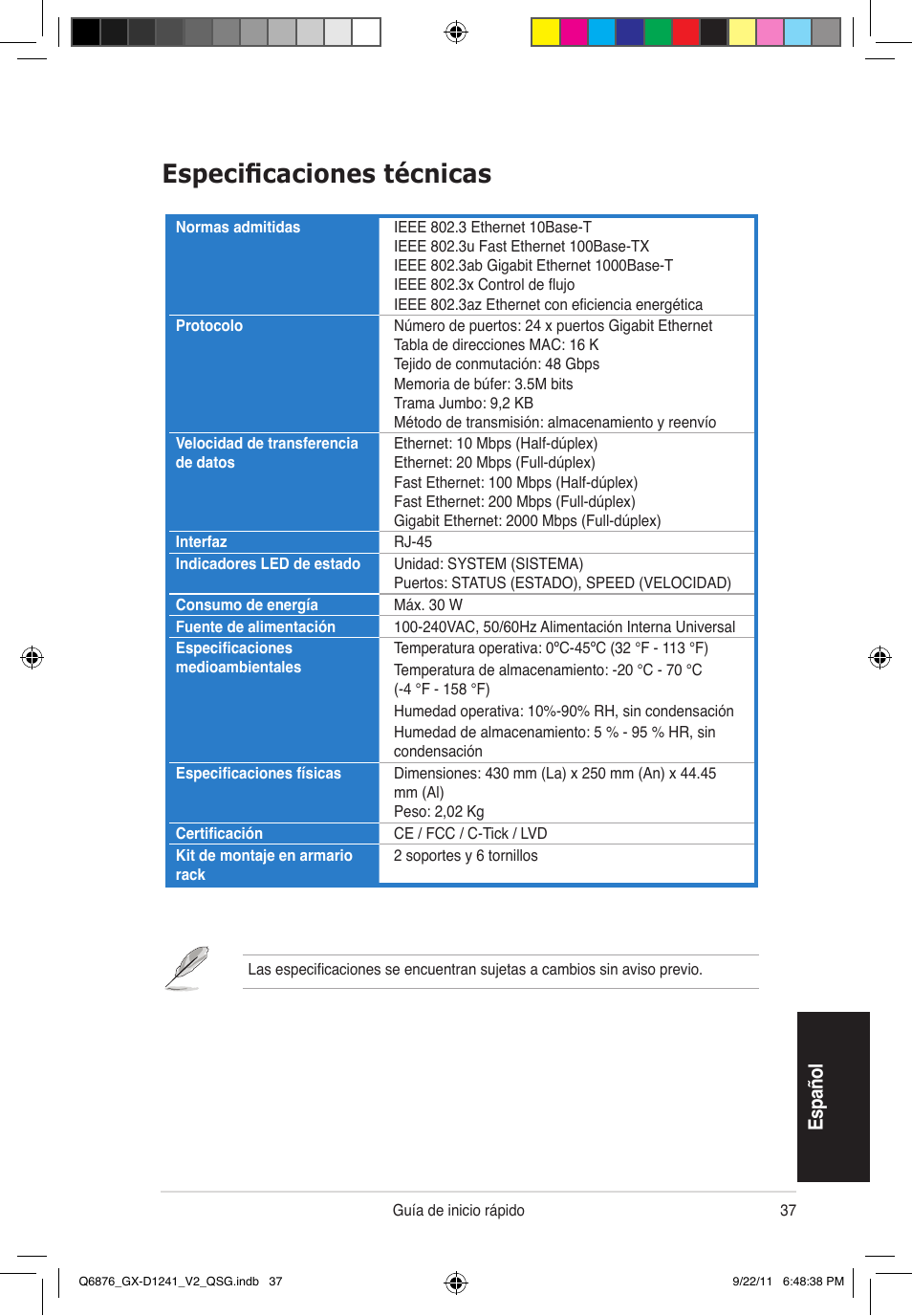 Especificaciones técnicas, Es pa ño l | Asus GX-D1241 V2 User Manual | Page 38 / 48