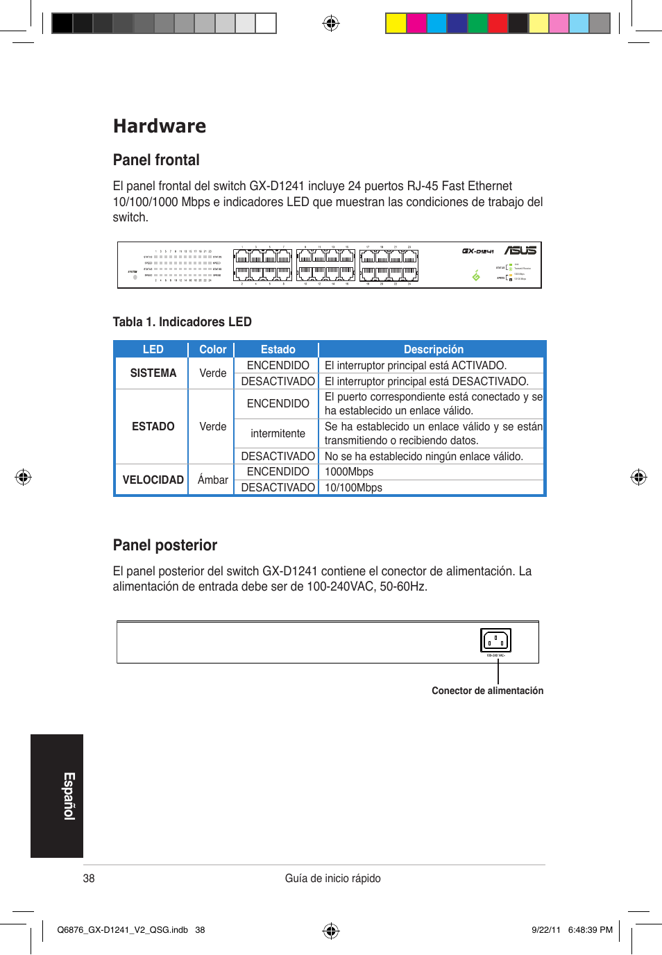 Hardware, Panel posterior, Panel frontal | Es pa ño l | Asus GX-D1241 V2 User Manual | Page 39 / 48