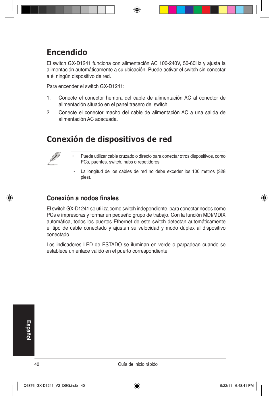 Conexión de dispositivos de red, Encendido, Conexión a nodos finales | Asus GX-D1241 V2 User Manual | Page 41 / 48