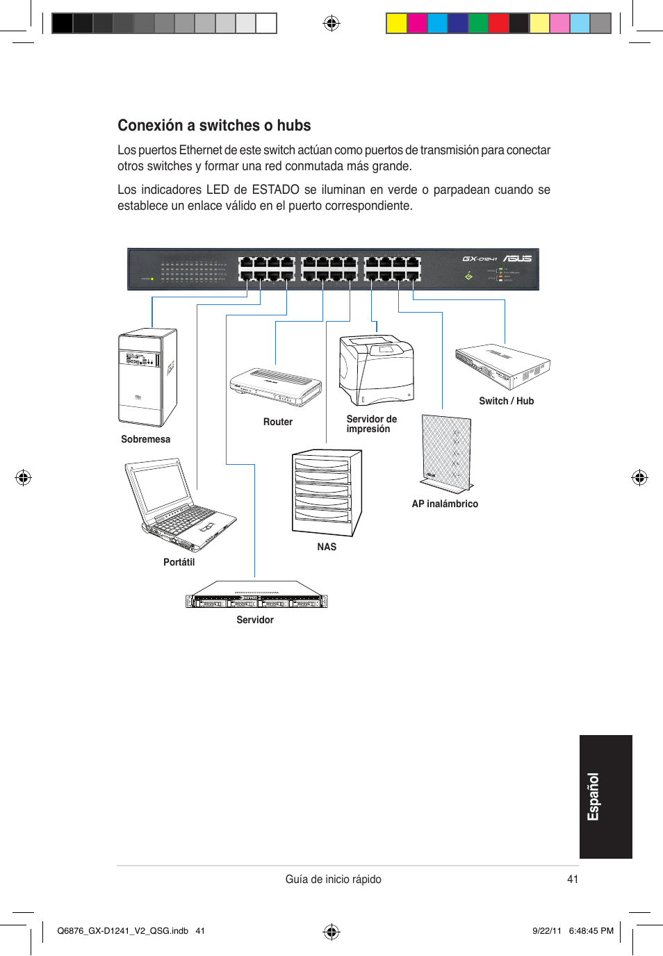 Conexión a switches o hubs, Es pa ño l | Asus GX-D1241 V2 User Manual | Page 42 / 48
