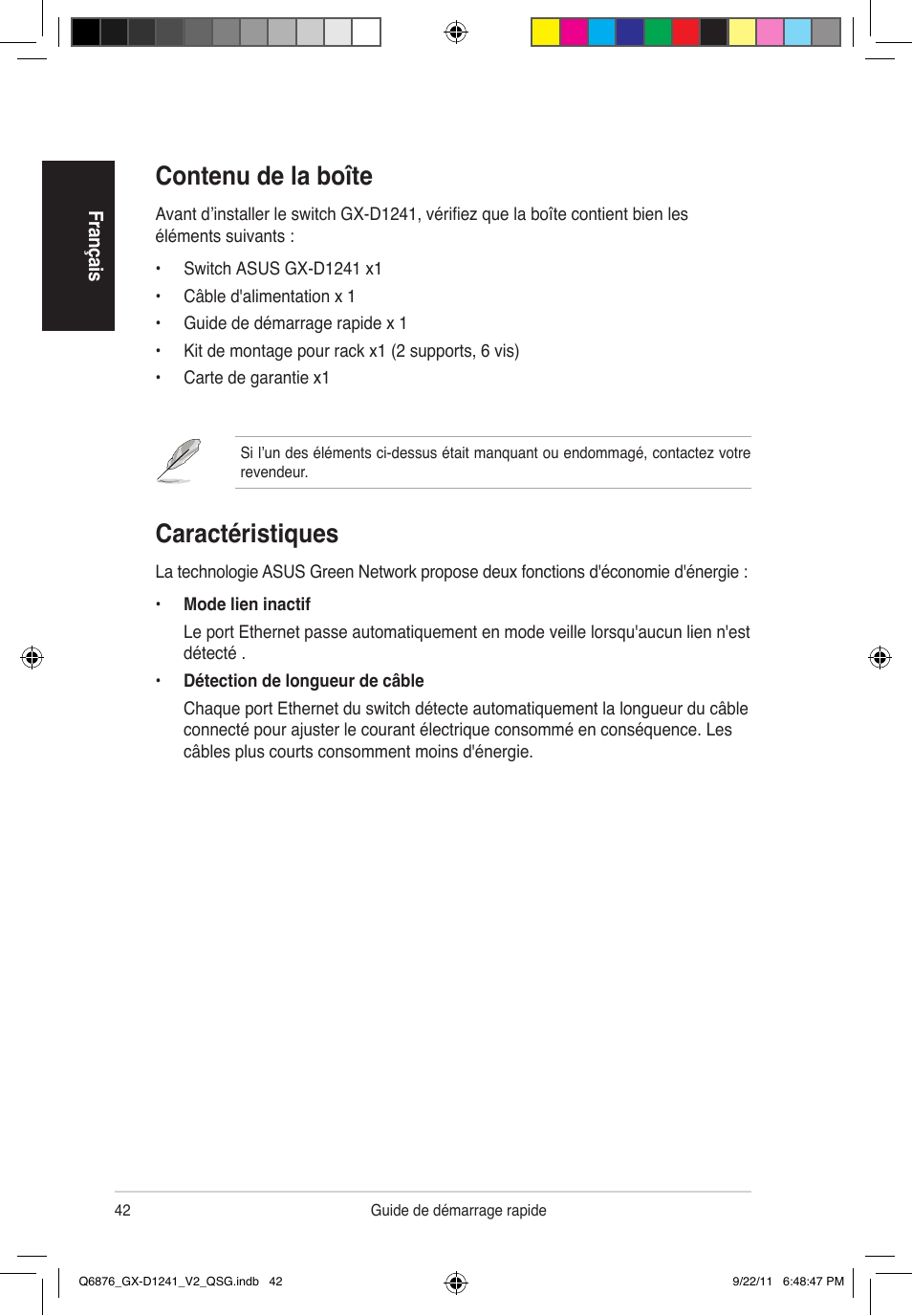 Caractéristiques, Contenu de la boîte | Asus GX-D1241 V2 User Manual | Page 43 / 48