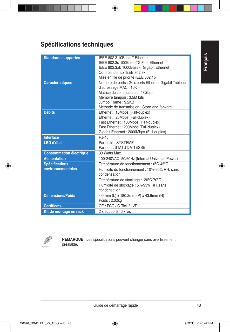 Spécifications techniques, Fr an ça is | Asus GX-D1241 V2 User Manual | Page 44 / 48