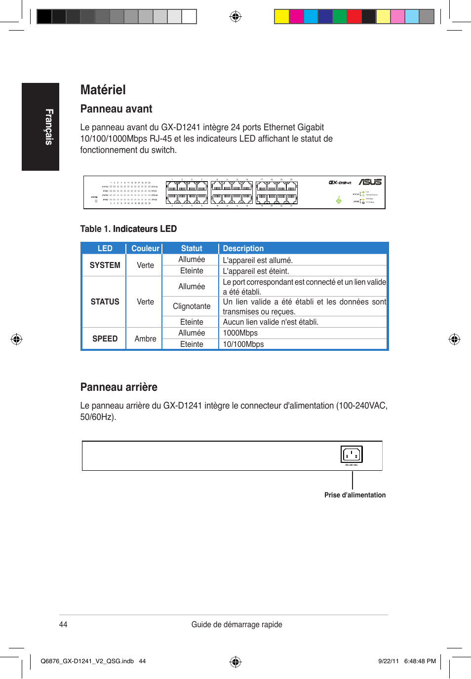 Matériel, Panneau arrière, Panneau avant | Fra nç ais | Asus GX-D1241 V2 User Manual | Page 45 / 48